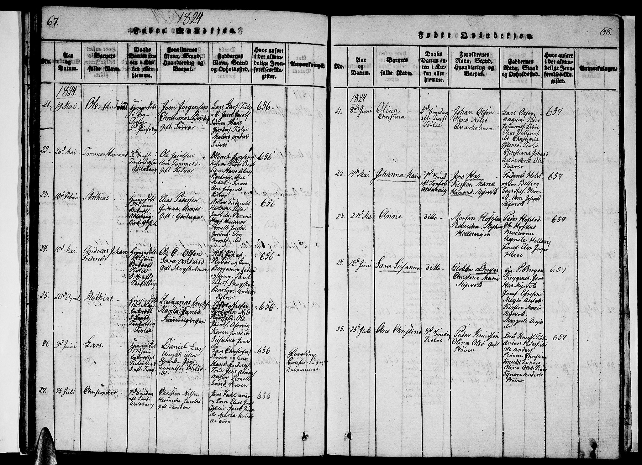 Ministerialprotokoller, klokkerbøker og fødselsregistre - Nordland, AV/SAT-A-1459/830/L0457: Parish register (copy) no. 830C01 /1, 1820-1842, p. 67-68