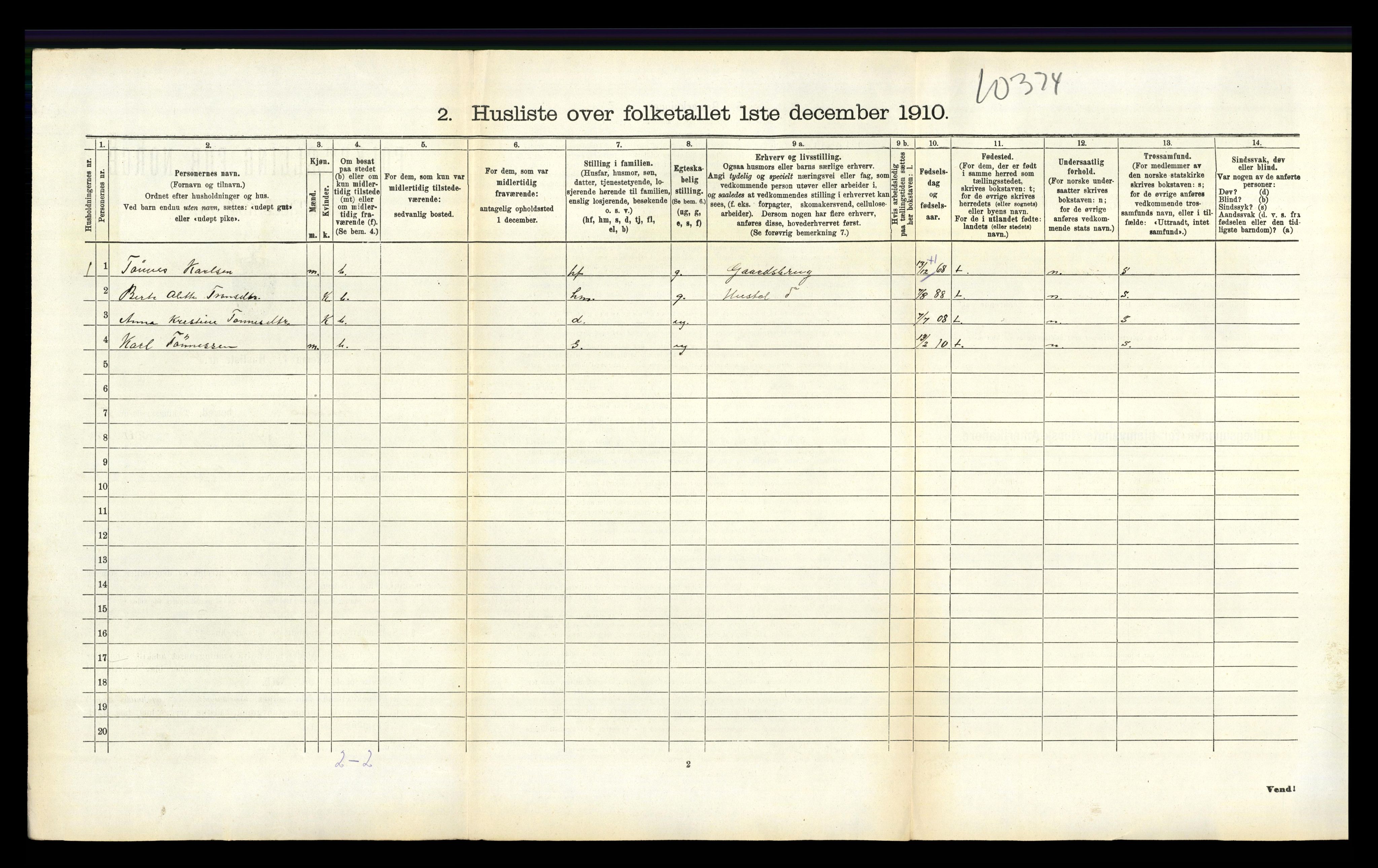 RA, 1910 census for Tonstad, 1910, p. 171