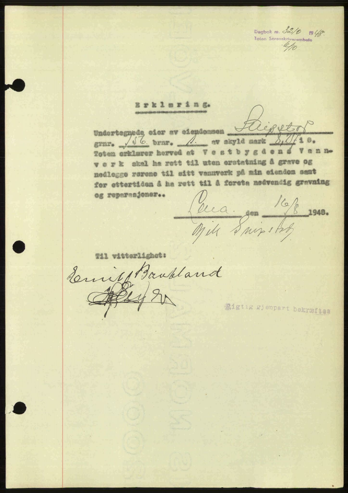 Toten tingrett, SAH/TING-006/H/Hb/Hbc/L0020: Mortgage book no. Hbc-20, 1948-1948, Diary no: : 3210/1948