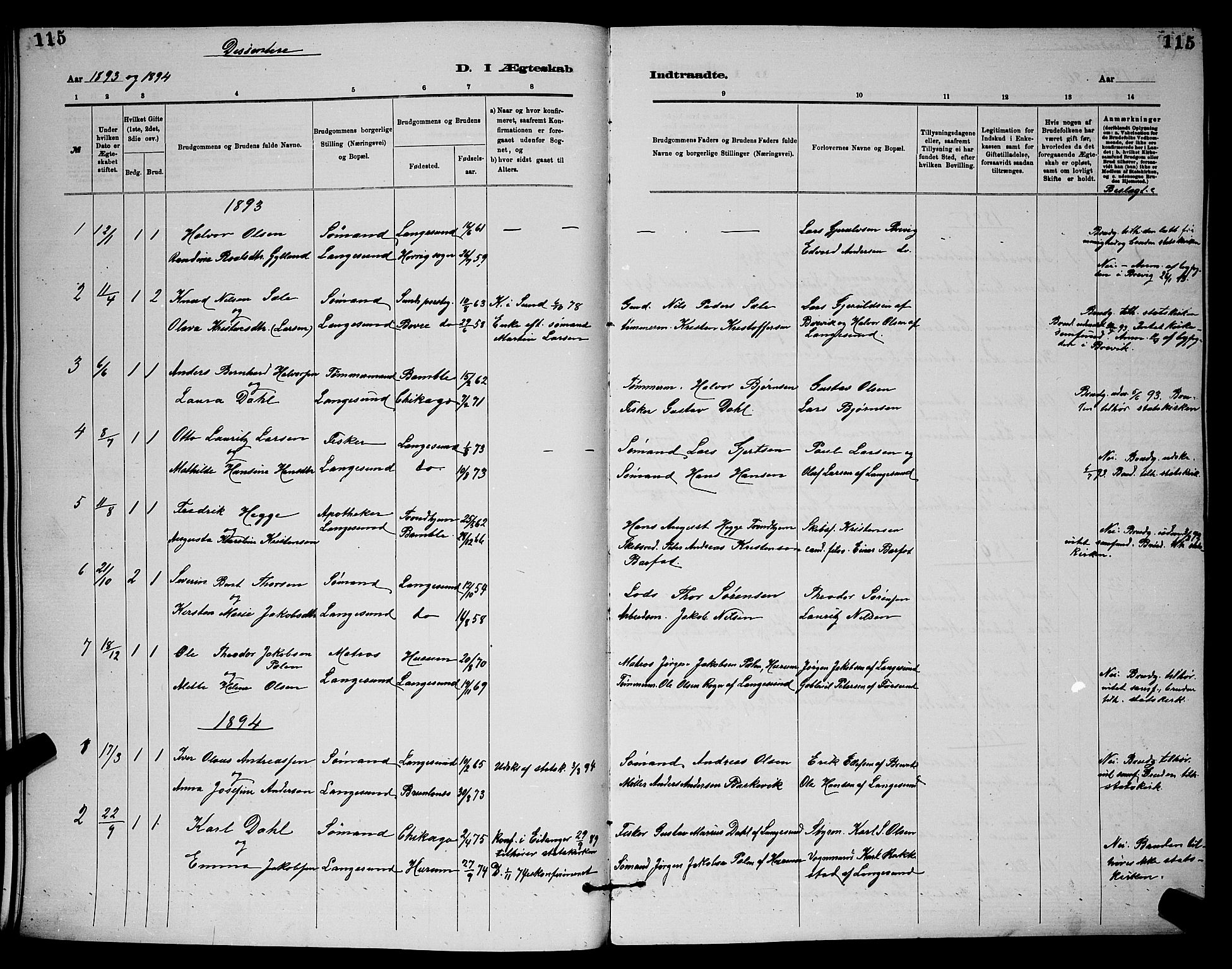 Langesund kirkebøker, SAKO/A-280/G/Ga/L0005: Parish register (copy) no. 5, 1884-1898, p. 115