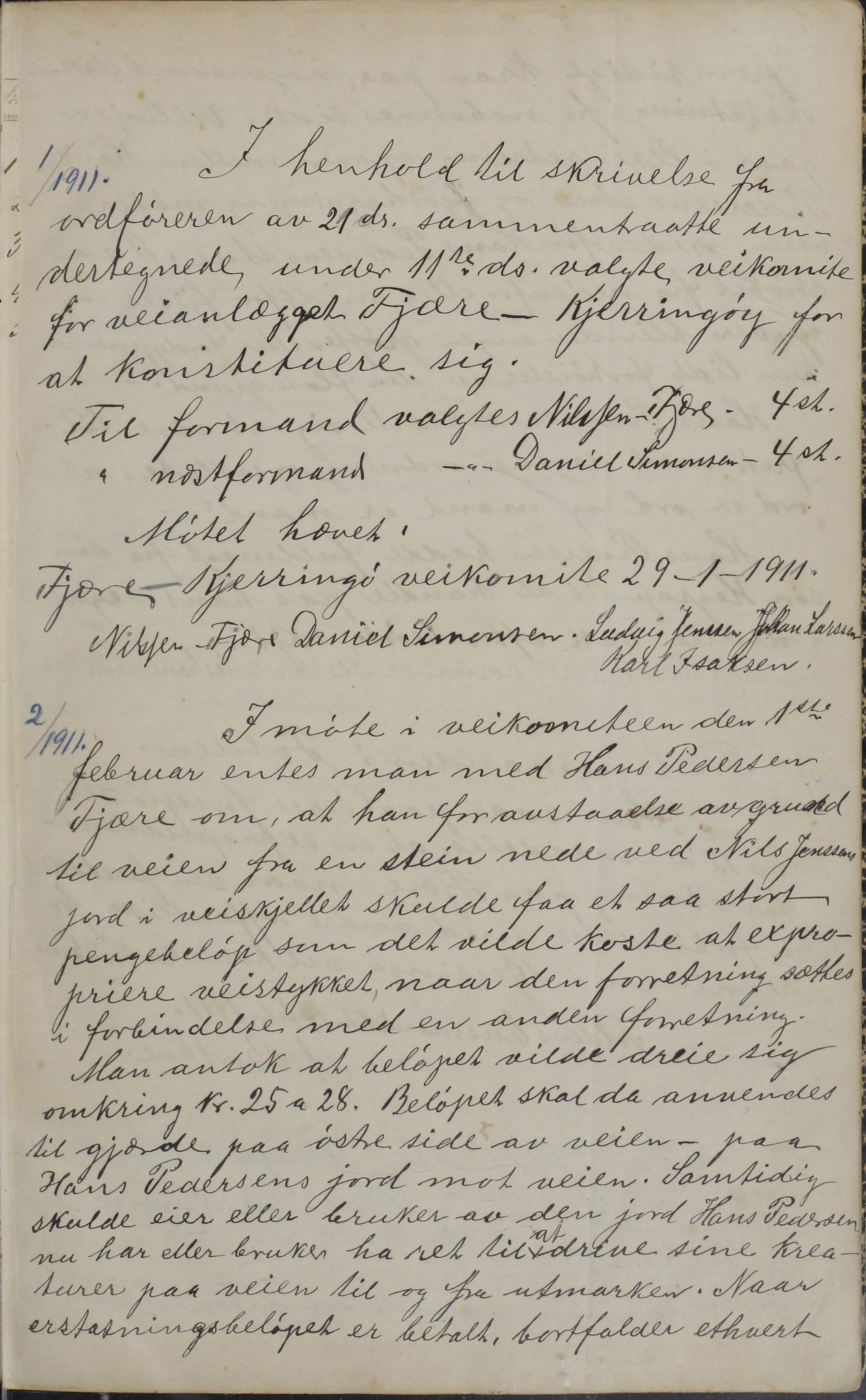 Kjerringøy kommune. Formannskapet, AIN/K-18441.150/A/Aa/L0001: Protokoll for veilinjen. Fjære-Kjerringøy, 1911-1912