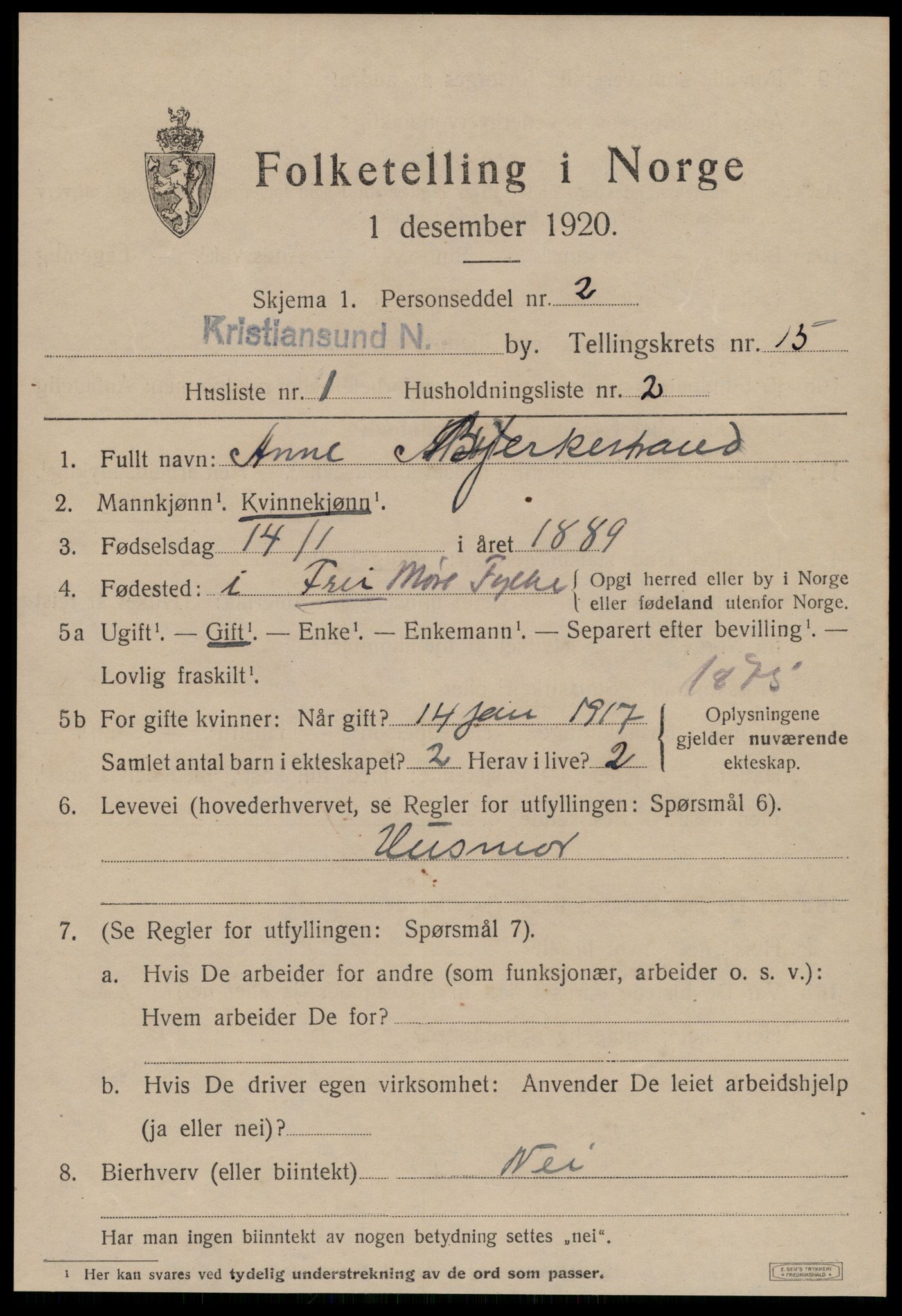 SAT, 1920 census for Kristiansund, 1920, p. 30901