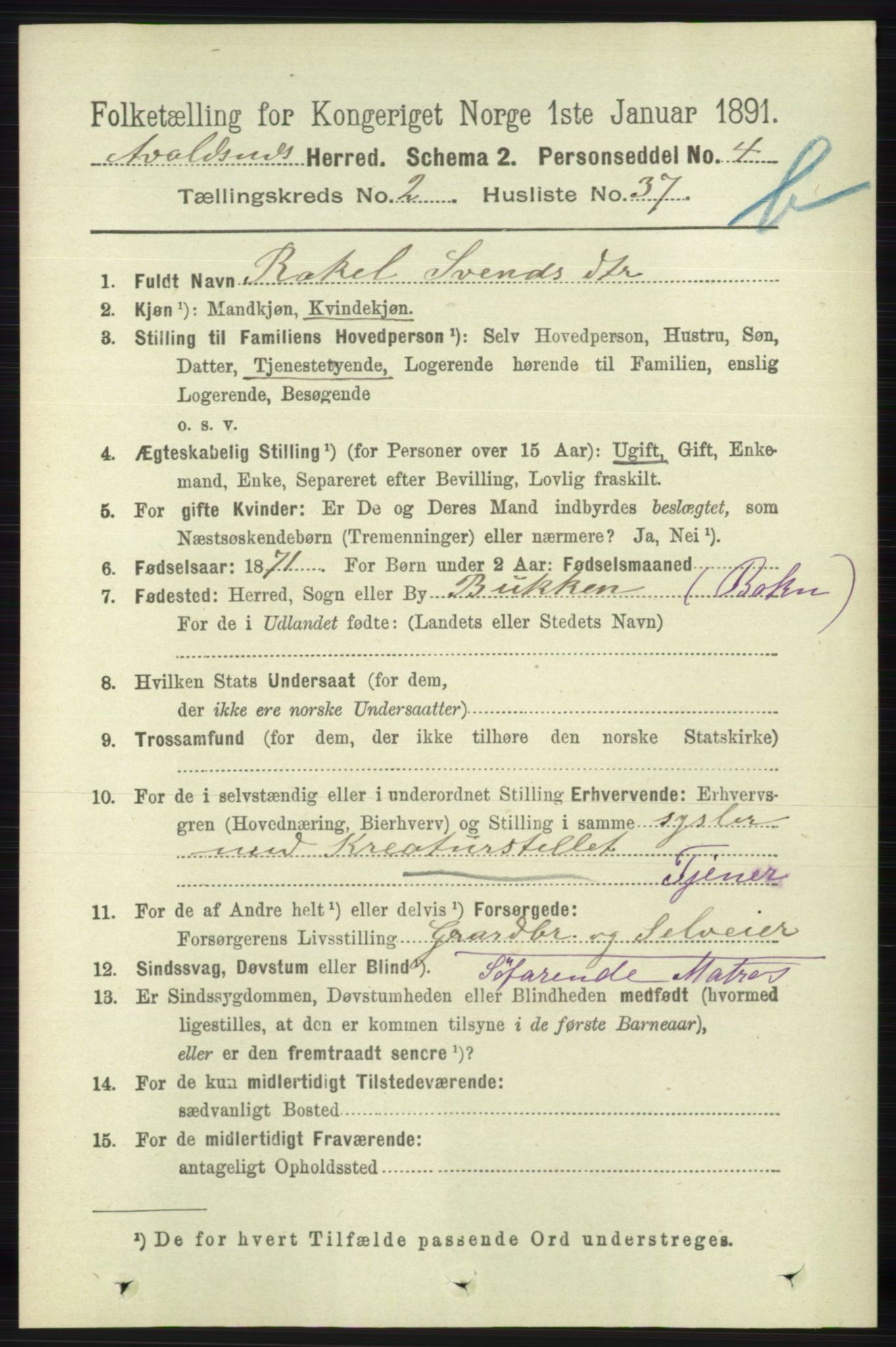 RA, 1891 census for 1147 Avaldsnes, 1891, p. 2184