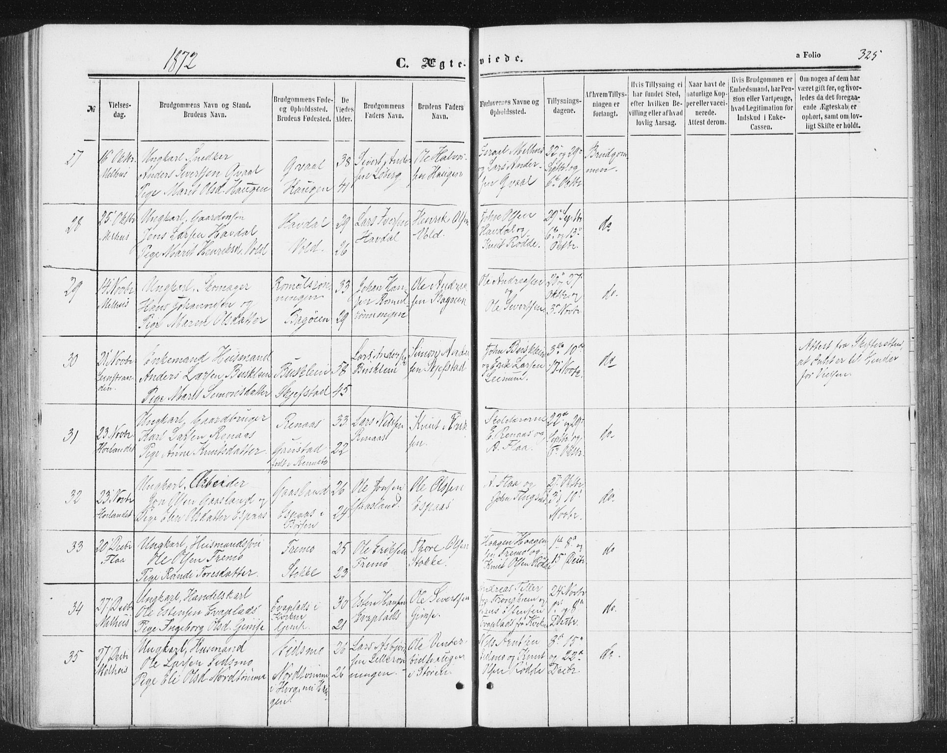 Ministerialprotokoller, klokkerbøker og fødselsregistre - Sør-Trøndelag, SAT/A-1456/691/L1077: Parish register (official) no. 691A09, 1862-1873, p. 325