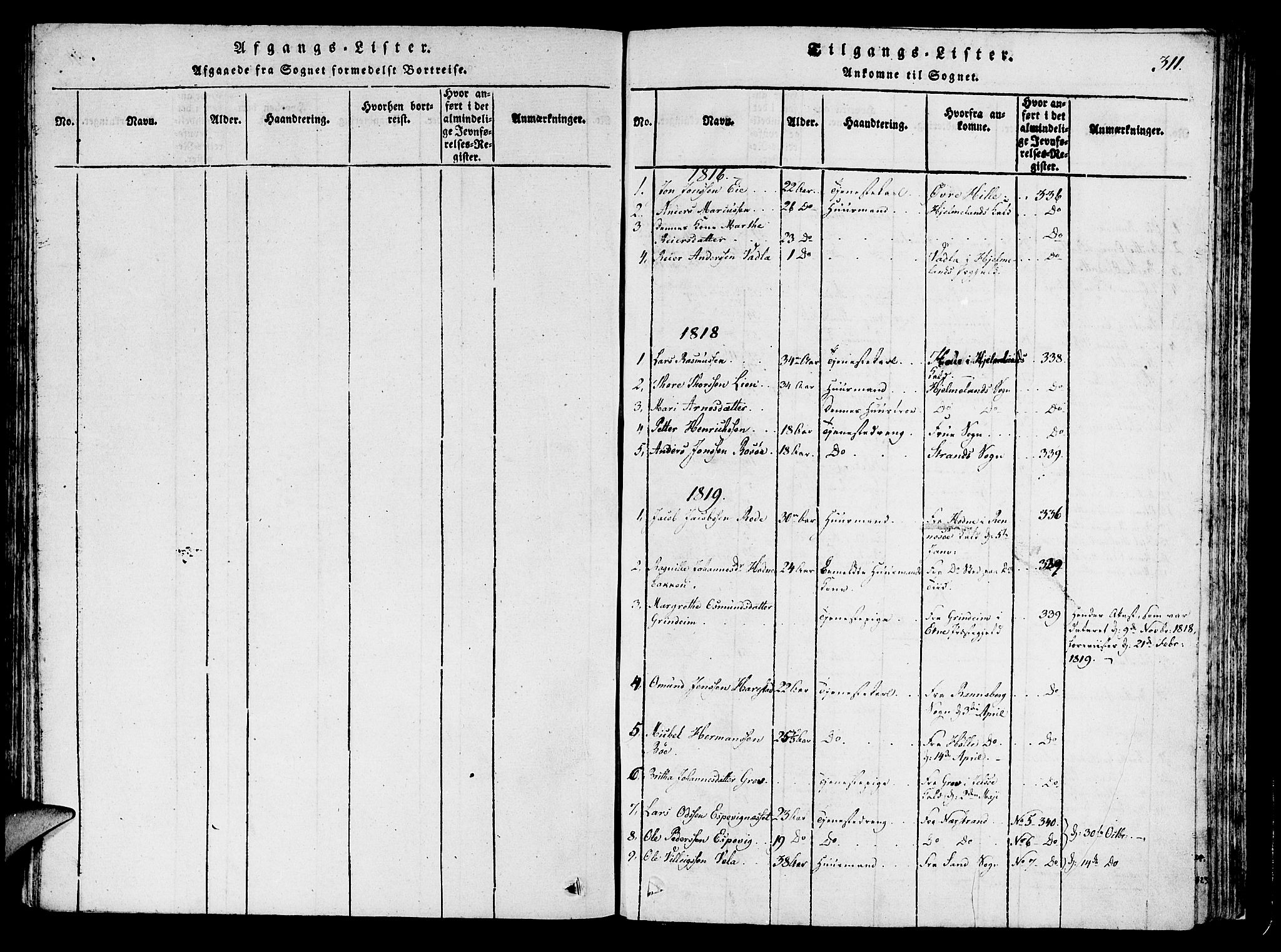 Finnøy sokneprestkontor, SAST/A-101825/H/Ha/Haa/L0006: Parish register (official) no. A 6, 1816-1846, p. 311