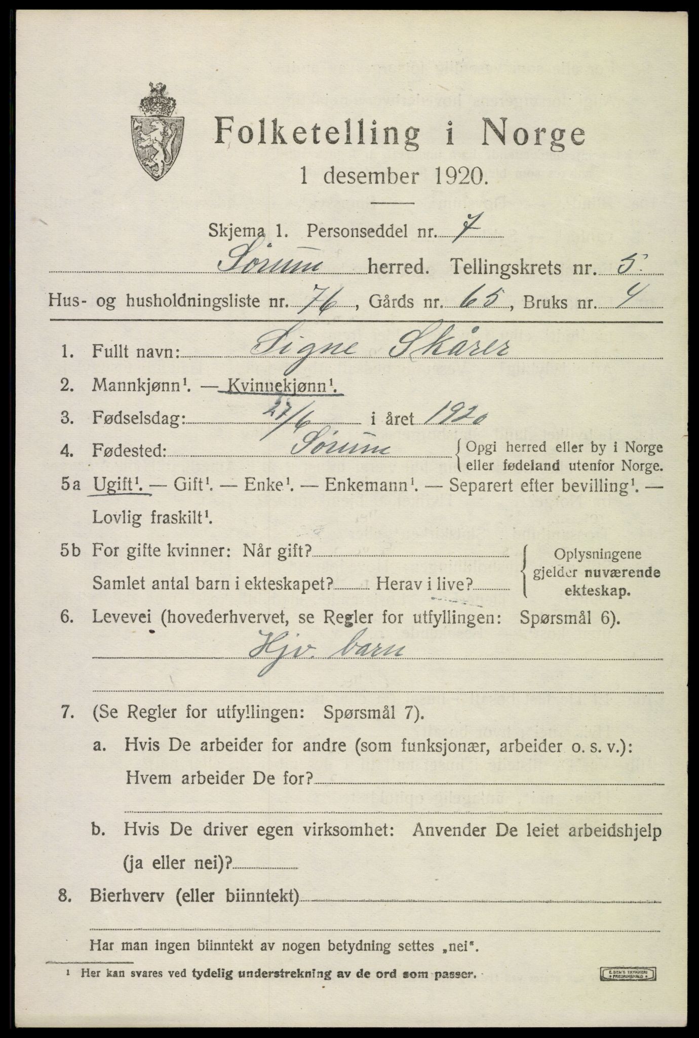 SAO, 1920 census for Sørum, 1920, p. 5445