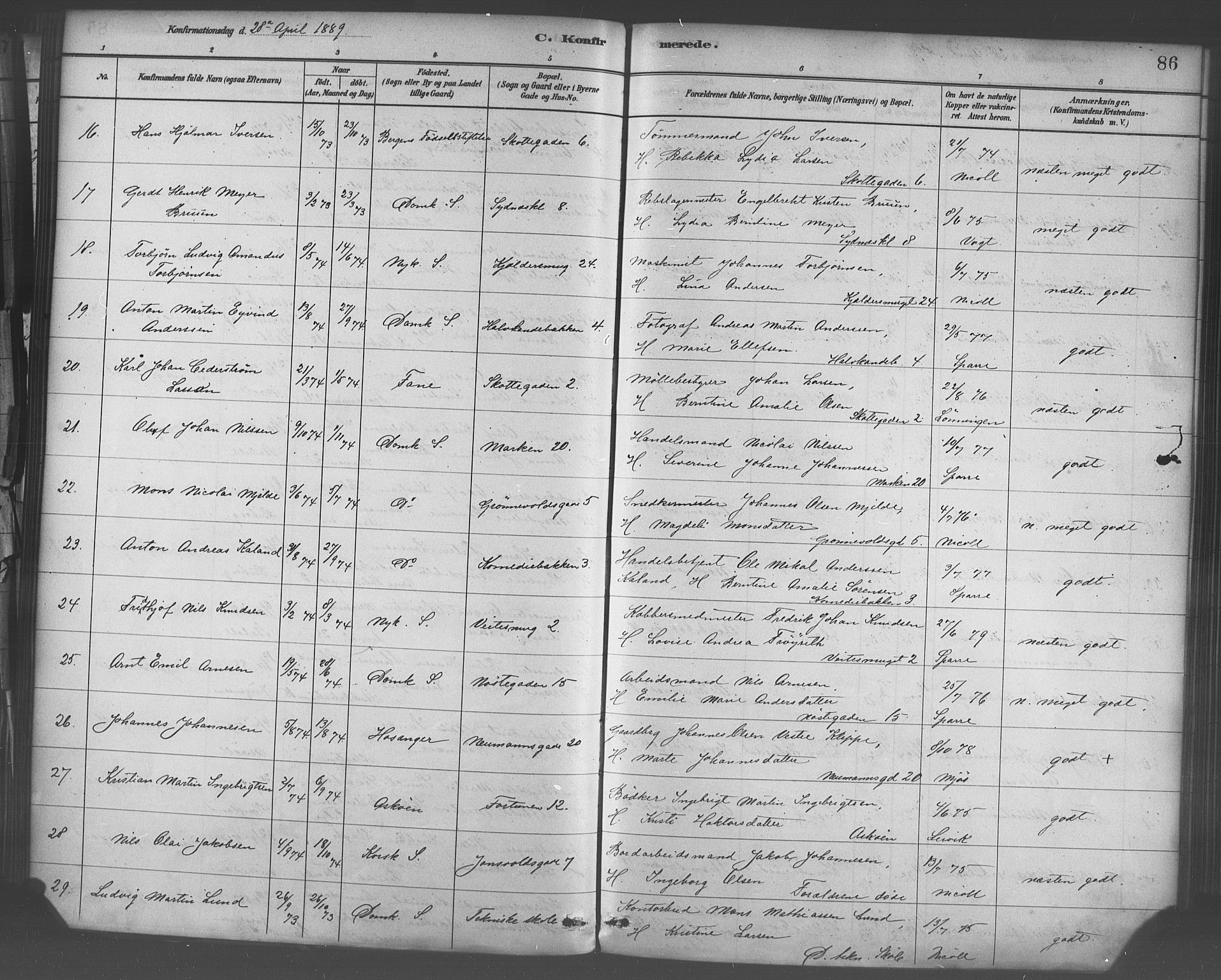 Domkirken sokneprestembete, SAB/A-74801/H/Haa/L0030: Parish register (official) no. C 5, 1880-1898, p. 86