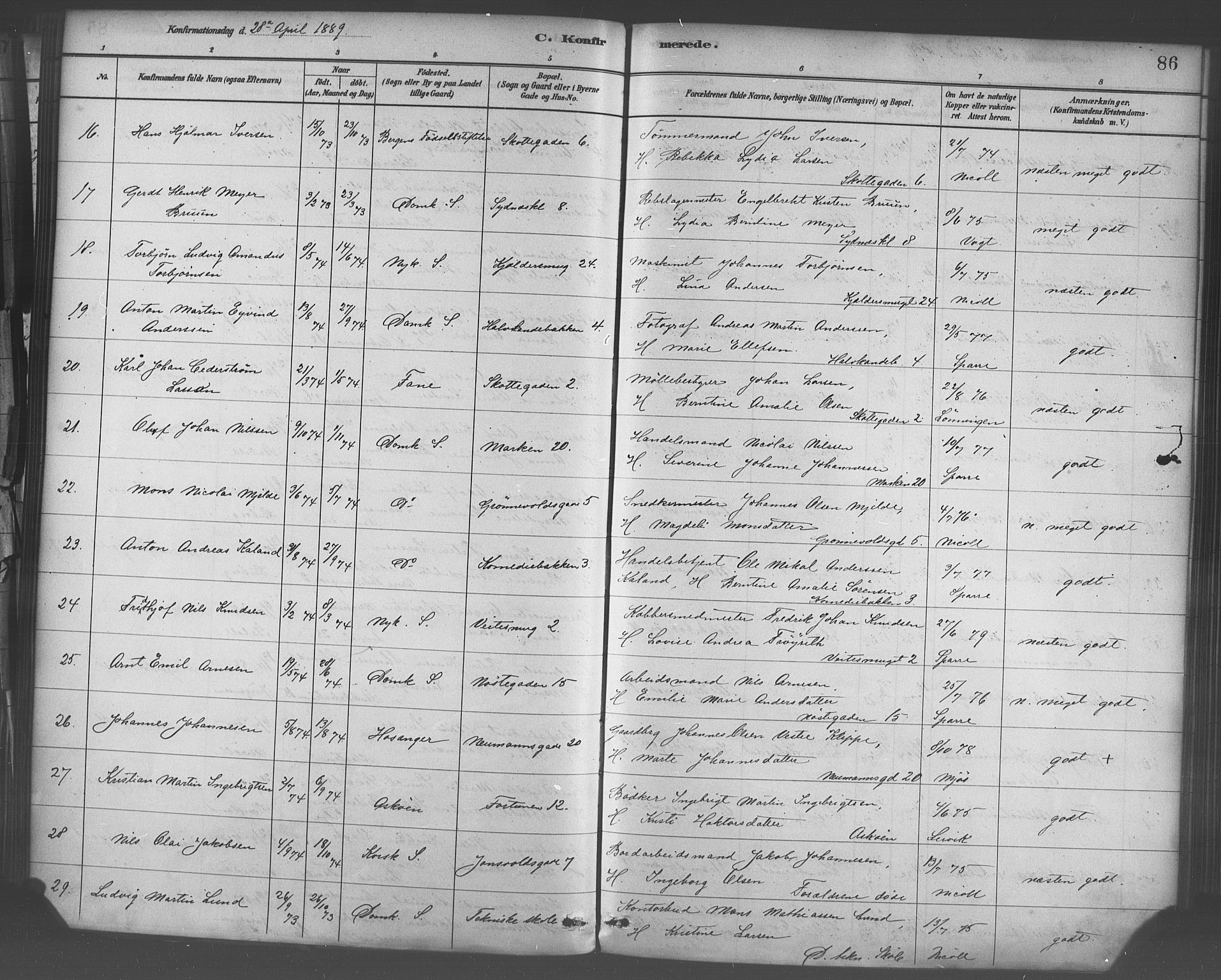 Domkirken sokneprestembete, AV/SAB-A-74801/H/Haa/L0030: Parish register (official) no. C 5, 1880-1898, p. 86