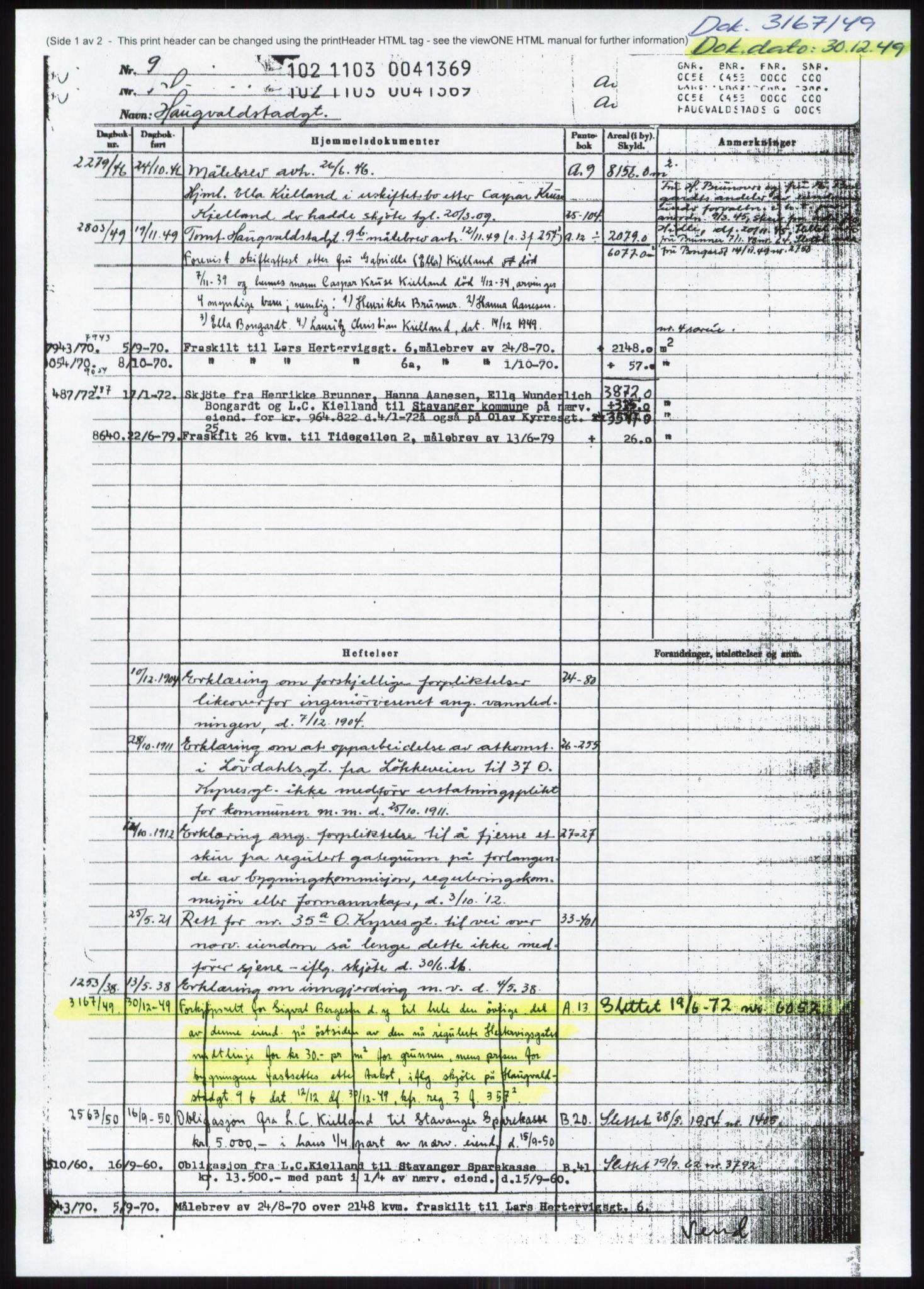 Stavanger byrett, SAST/A-100455/002/G/Gb/L0032: Mortgage book, 1947-1950, Diary no: : 3167/1949