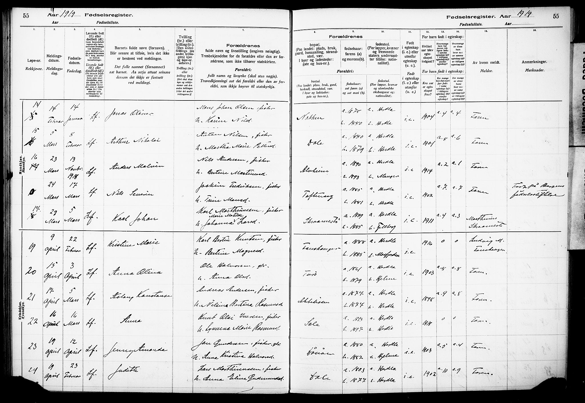 Herdla Sokneprestembete, AV/SAB-A-75701/I/Id/L00A1: Birth register no. A 1, 1916-1929, p. 55