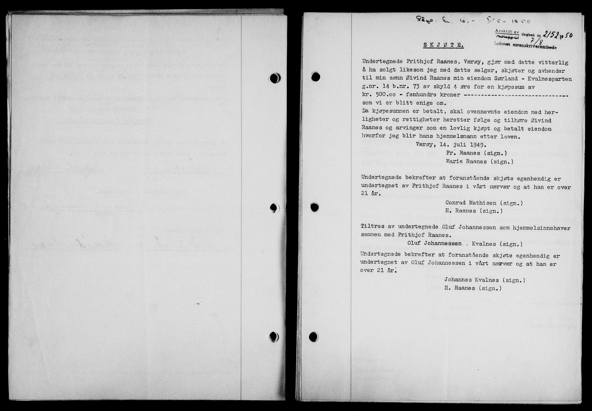 Lofoten sorenskriveri, SAT/A-0017/1/2/2C/L0024a: Mortgage book no. 24a, 1950-1950, Diary no: : 2152/1950