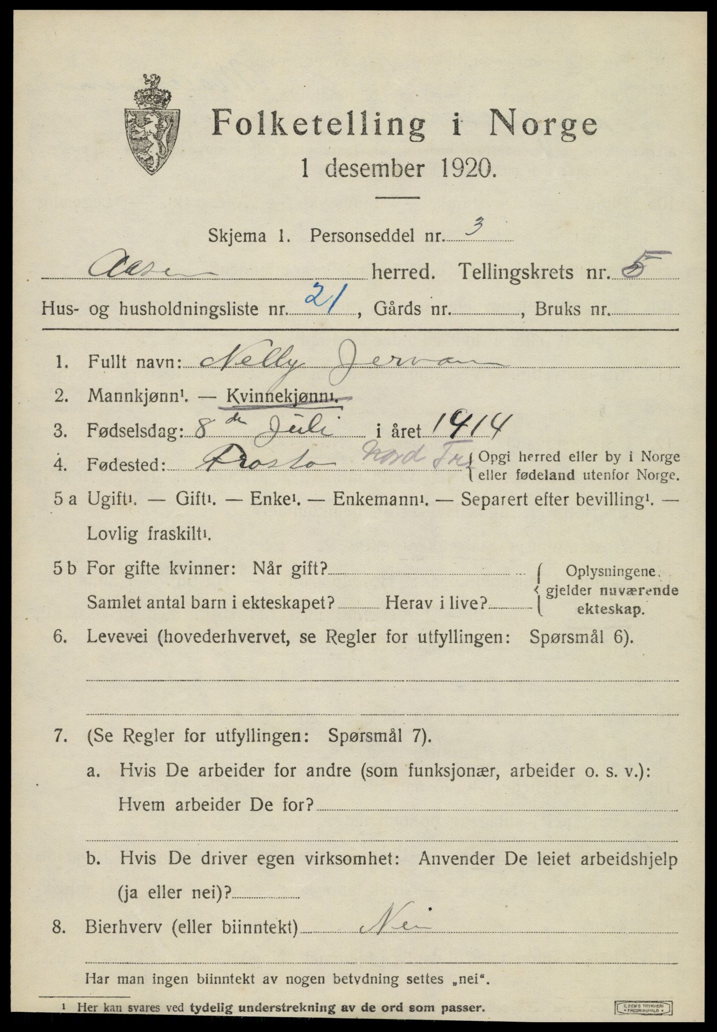 SAT, 1920 census for Åsen, 1920, p. 4264