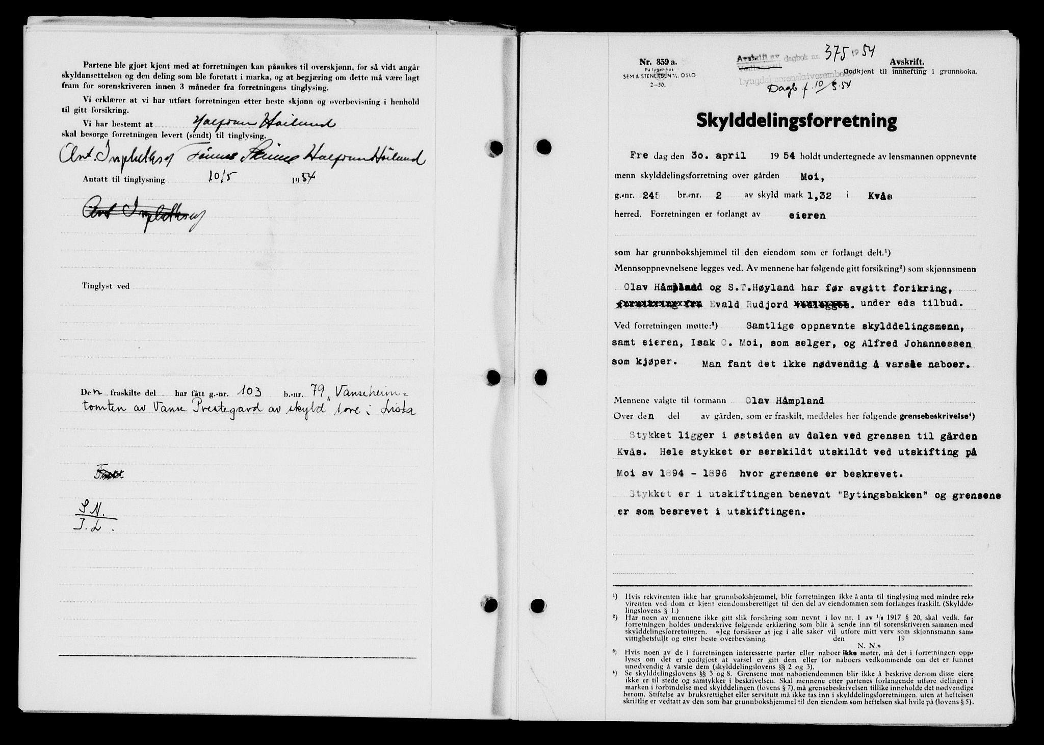 Lyngdal sorenskriveri, AV/SAK-1221-0004/G/Gb/L0670: Mortgage book no. A XVI, 1954-1954, Diary no: : 375/1954