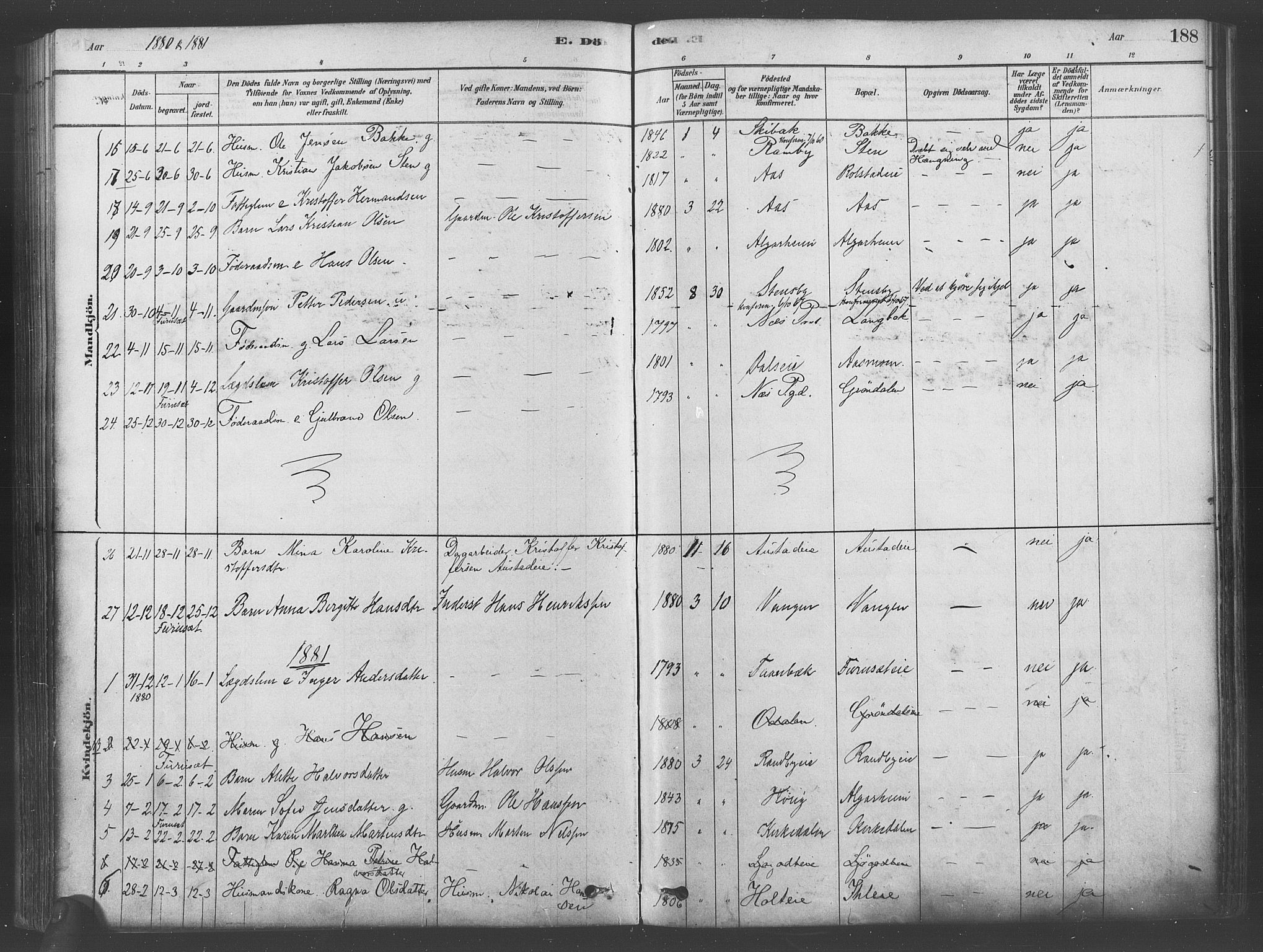 Ullensaker prestekontor Kirkebøker, AV/SAO-A-10236a/F/Fa/L0019: Parish register (official) no. I 19, 1878-1891, p. 188