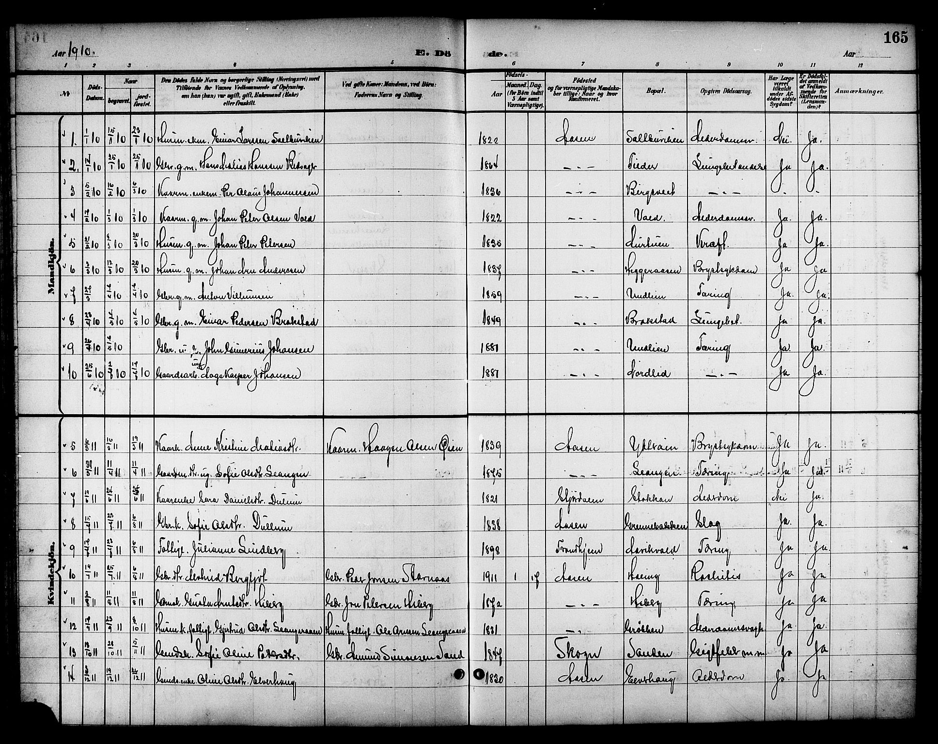 Ministerialprotokoller, klokkerbøker og fødselsregistre - Nord-Trøndelag, SAT/A-1458/714/L0135: Parish register (copy) no. 714C04, 1899-1918, p. 165