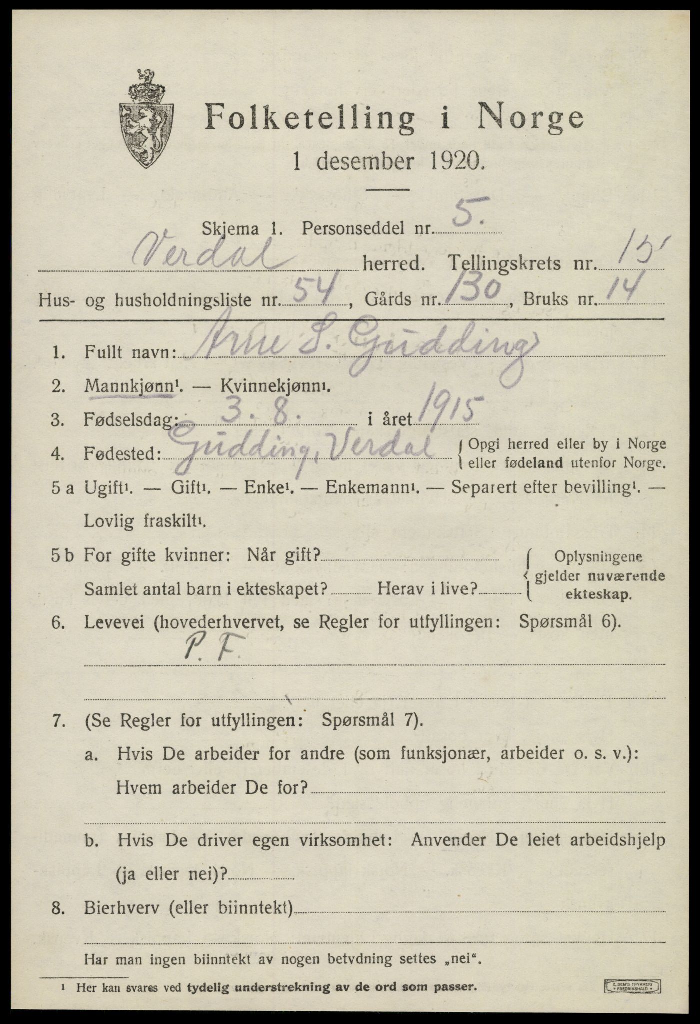 SAT, 1920 census for Verdal, 1920, p. 14819