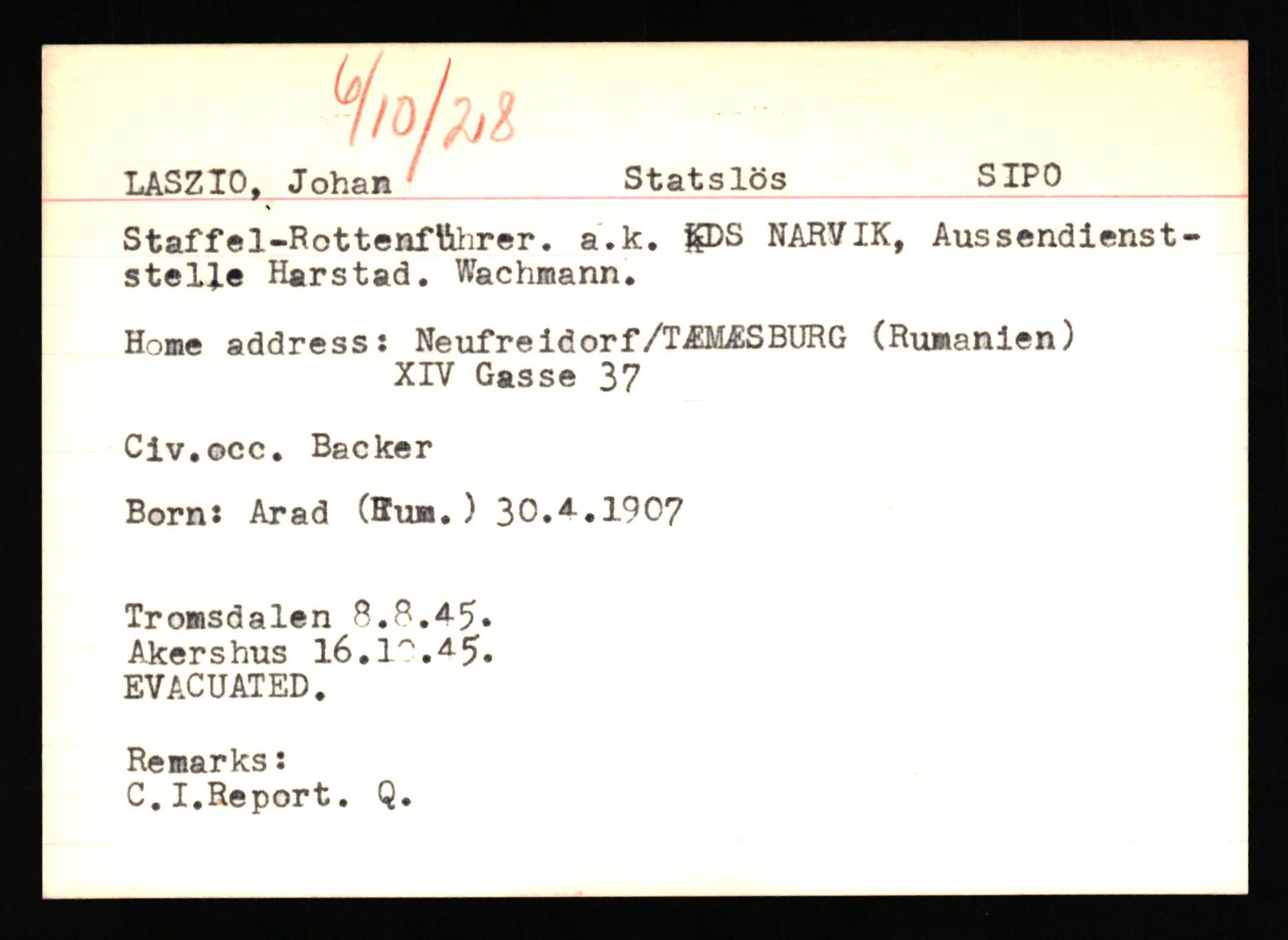 Forsvaret, Forsvarets overkommando II, AV/RA-RAFA-3915/D/Db/L0041: CI Questionaires.  Diverse nasjonaliteter., 1945-1946, p. 126