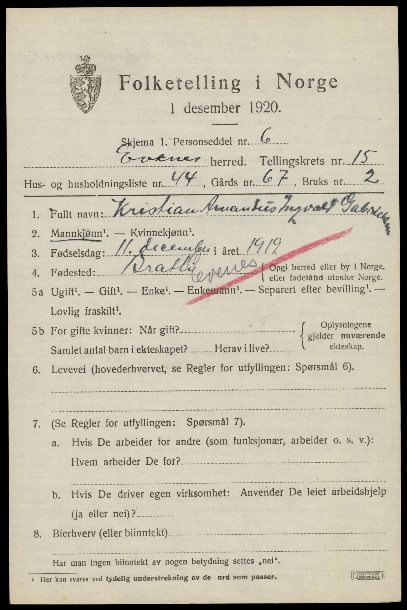 SAT, 1920 census for Evenes, 1920, p. 13180