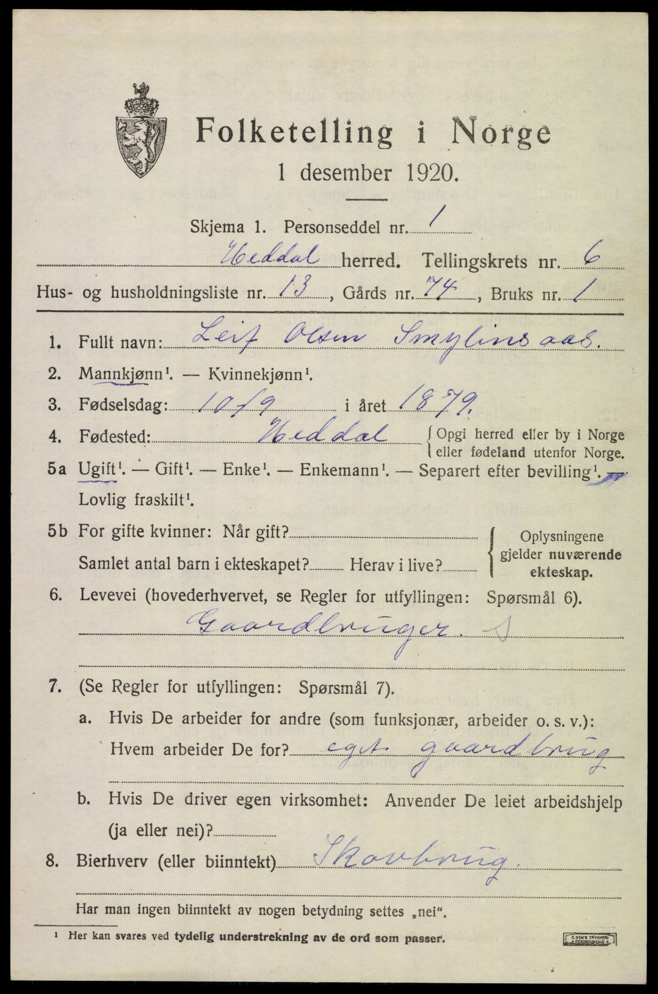 SAKO, 1920 census for Heddal, 1920, p. 5302