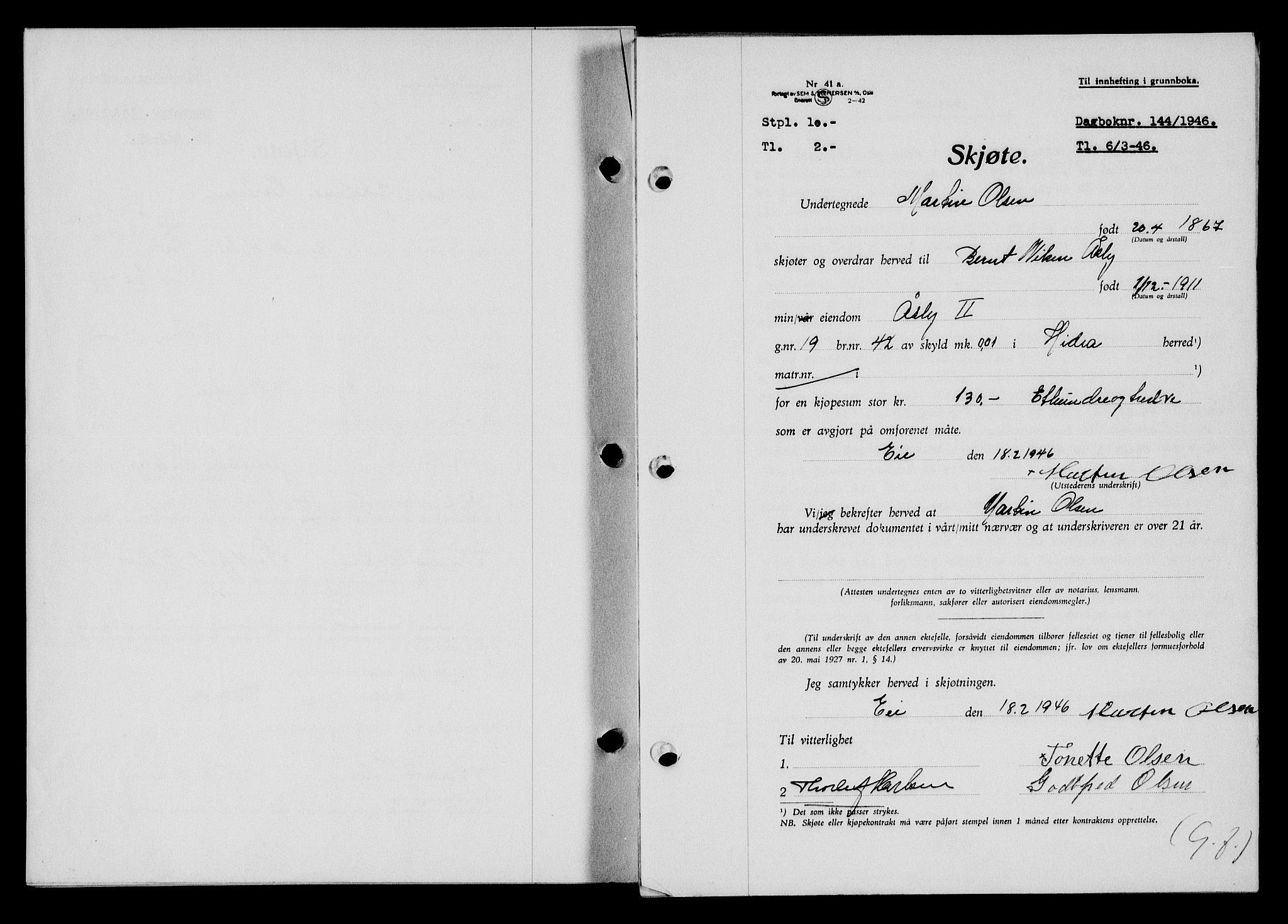Flekkefjord sorenskriveri, SAK/1221-0001/G/Gb/Gba/L0060: Mortgage book no. A-8, 1945-1946, Diary no: : 144/1946