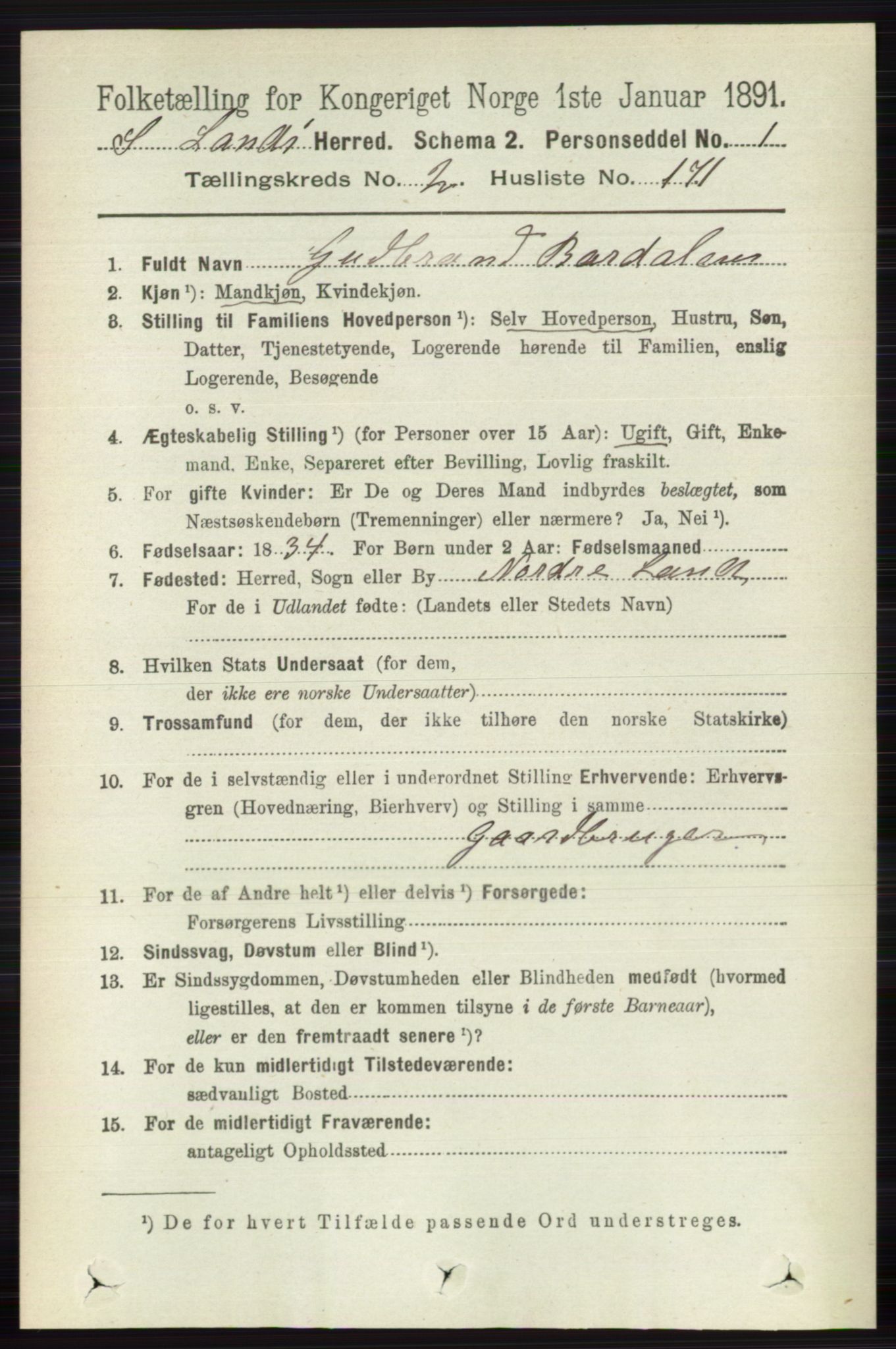 RA, 1891 census for 0536 Søndre Land, 1891, p. 2106