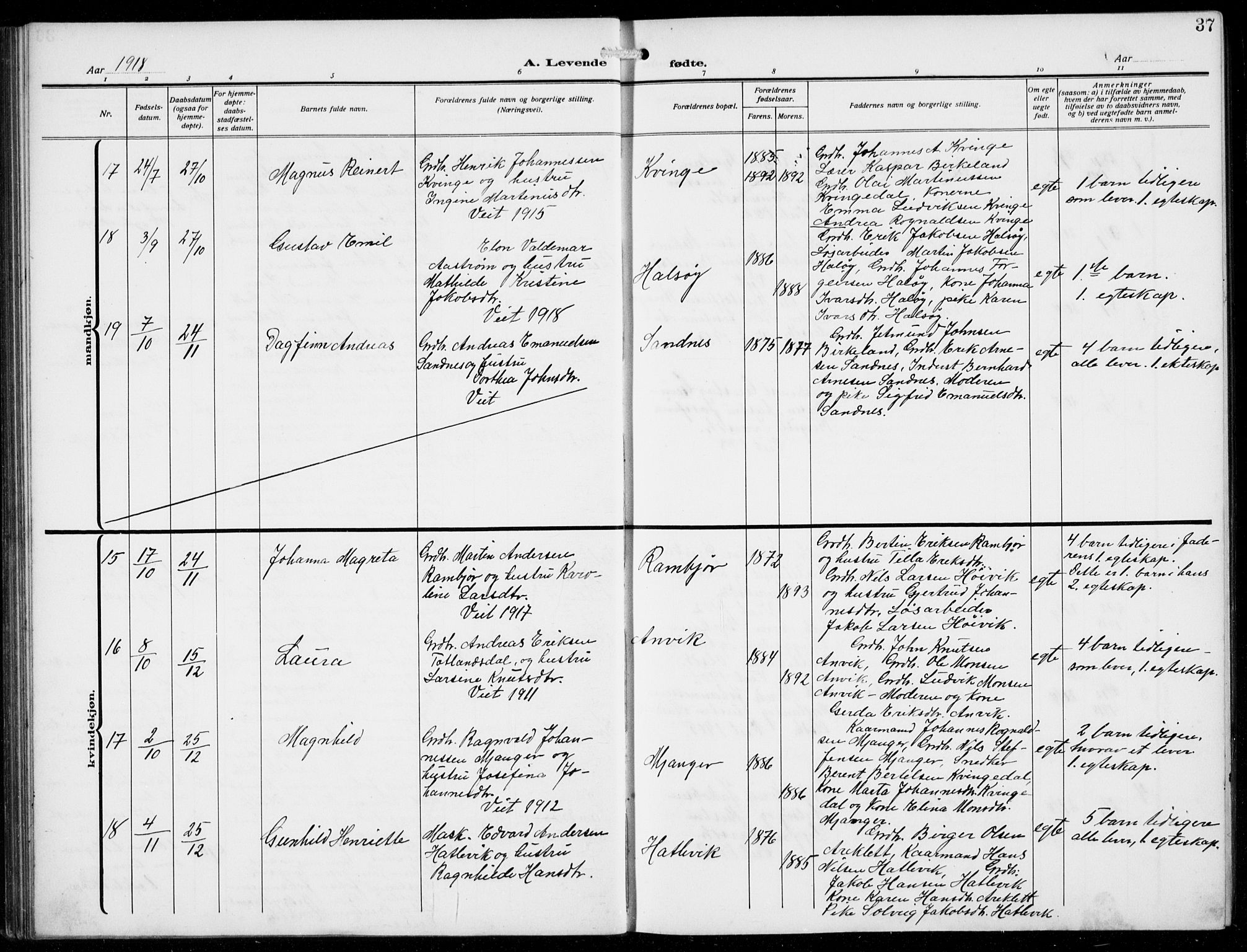 Masfjorden sokneprestembete, AV/SAB-A-77001: Parish register (copy) no. B  2, 1912-1939, p. 37
