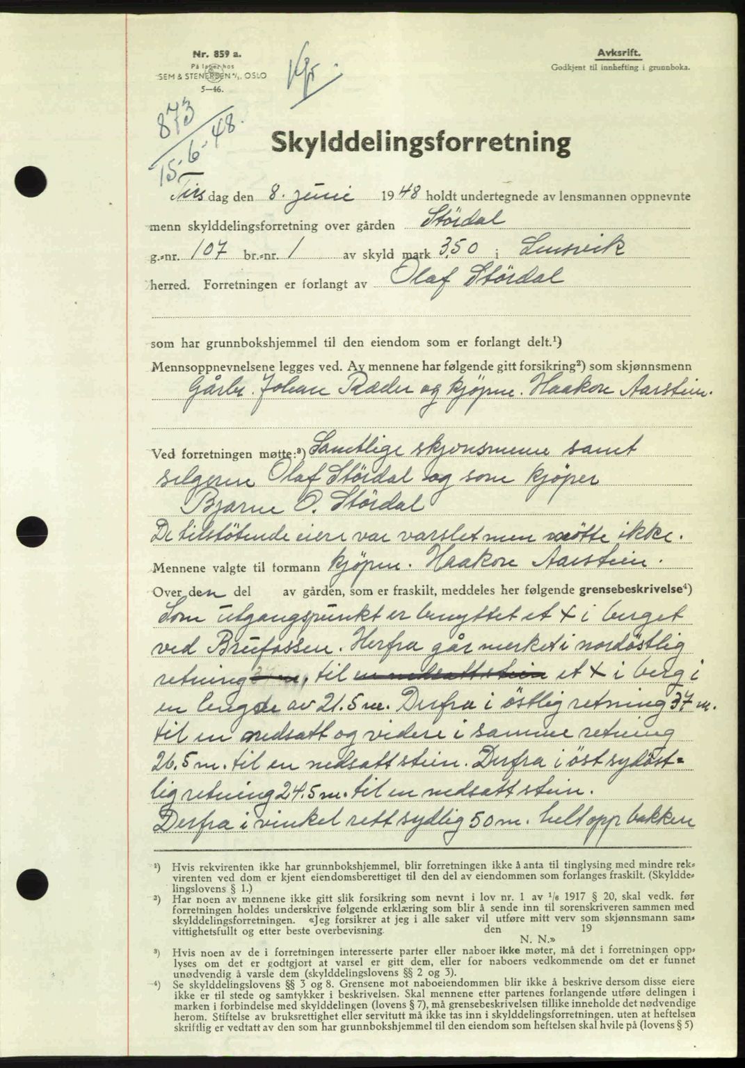 Fosen sorenskriveri, AV/SAT-A-1107/1/2/2C: Mortgage book no. A, 1946-1950, Diary no: : 873/1948