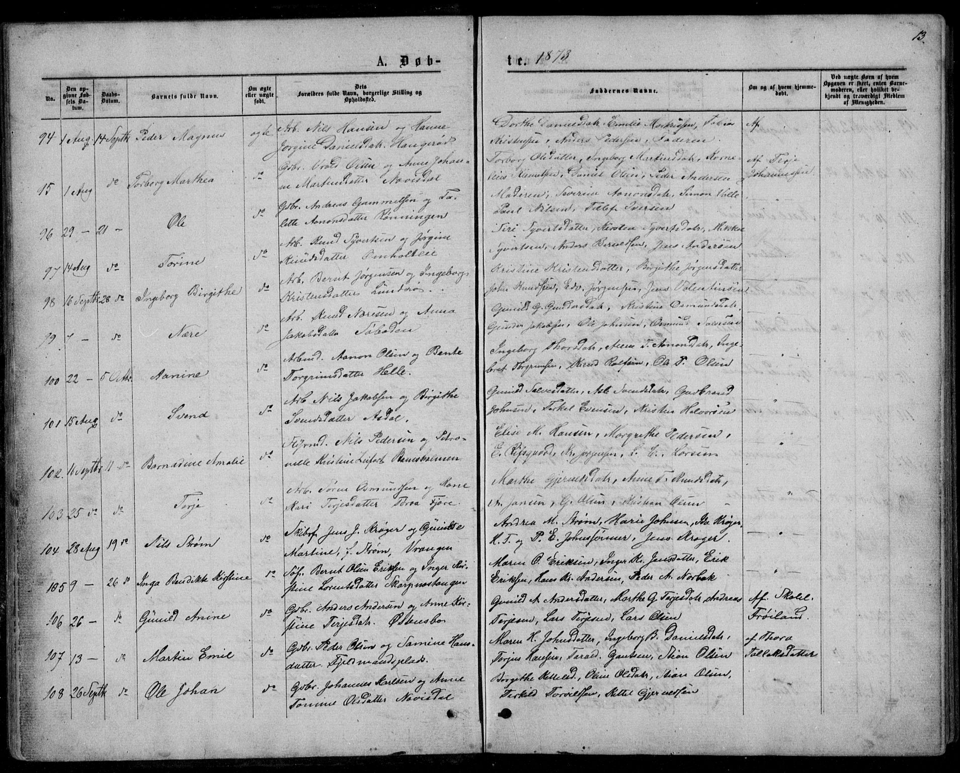 Øyestad sokneprestkontor, AV/SAK-1111-0049/F/Fb/L0008: Parish register (copy) no. B 8, 1872-1886, p. 13
