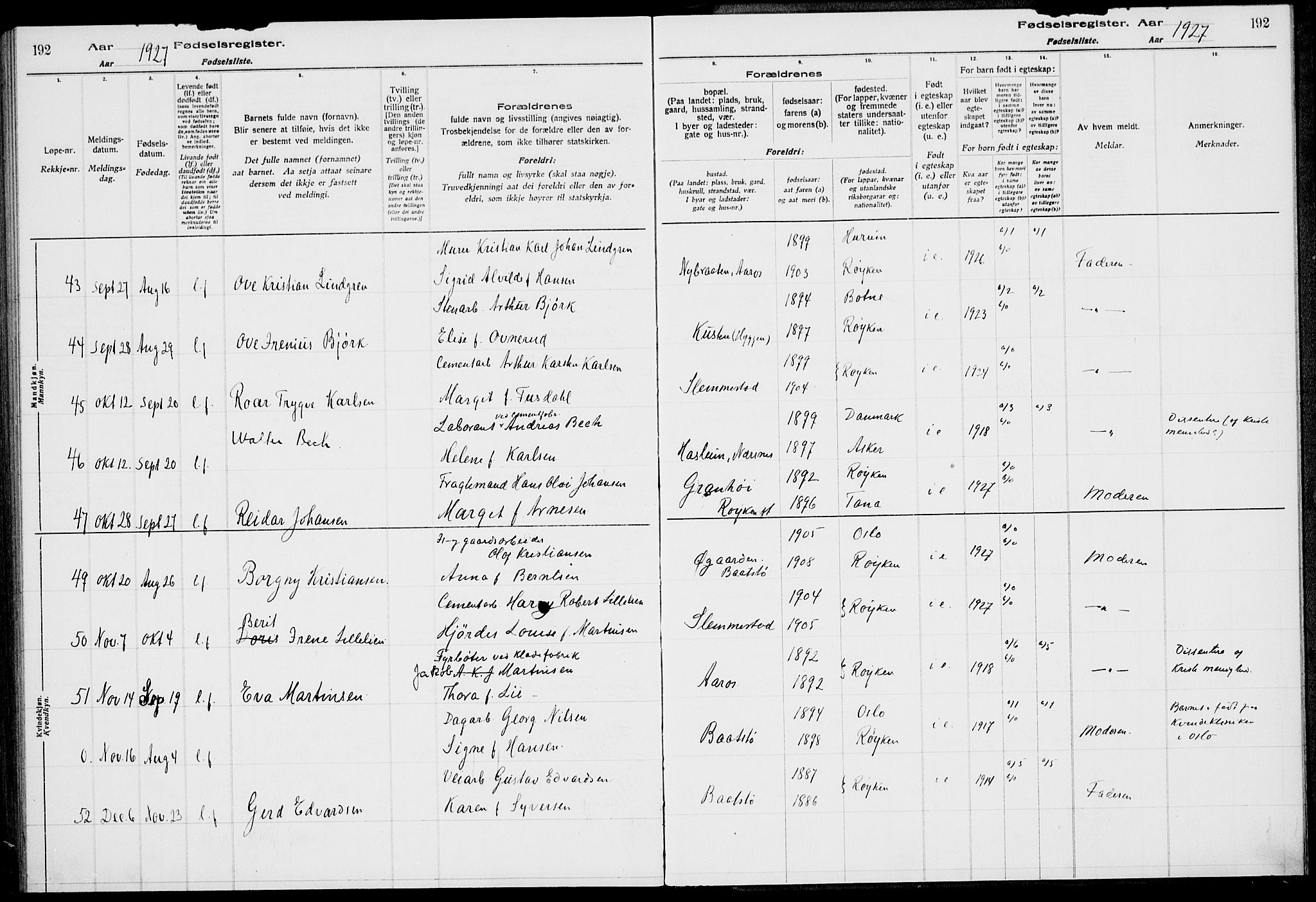 Røyken kirkebøker, AV/SAKO-A-241/J/Ja/L0001: Birth register no. 1, 1916-1927, p. 192