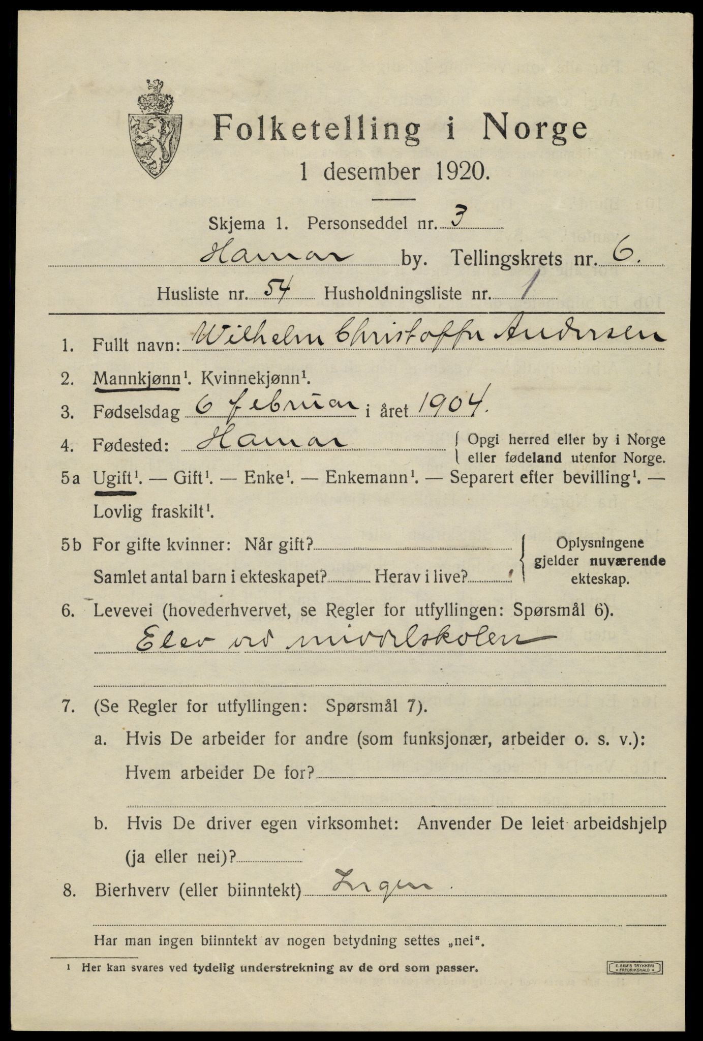 SAH, 1920 census for Hamar, 1920, p. 12313