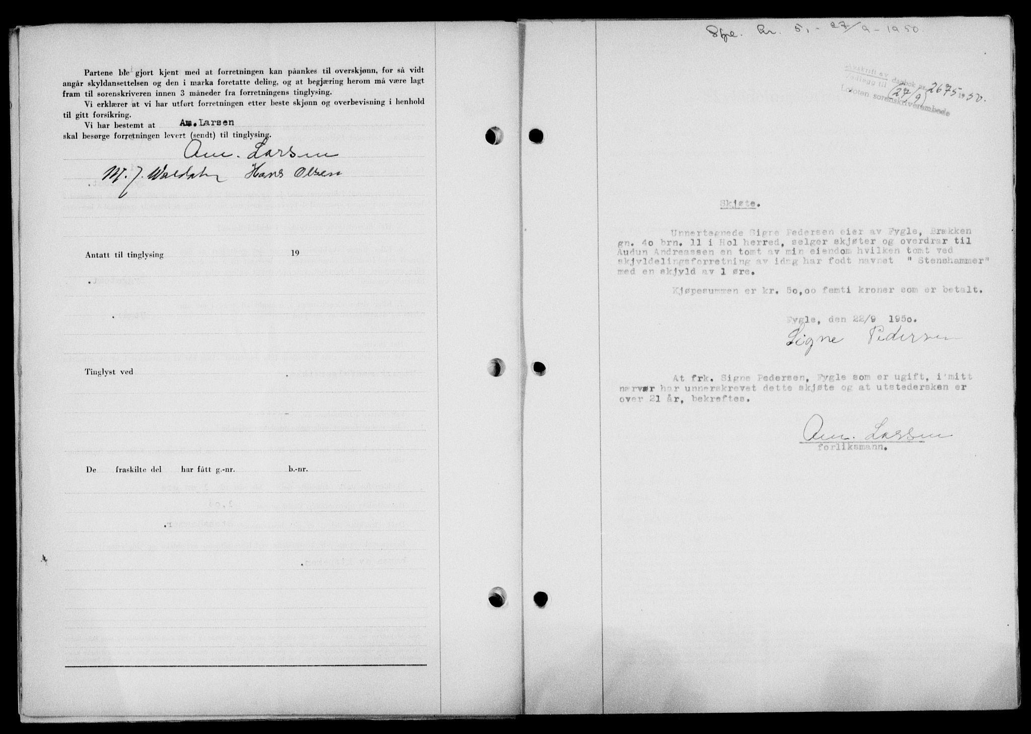 Lofoten sorenskriveri, SAT/A-0017/1/2/2C/L0024a: Mortgage book no. 24a, 1950-1950, Diary no: : 2675/1950