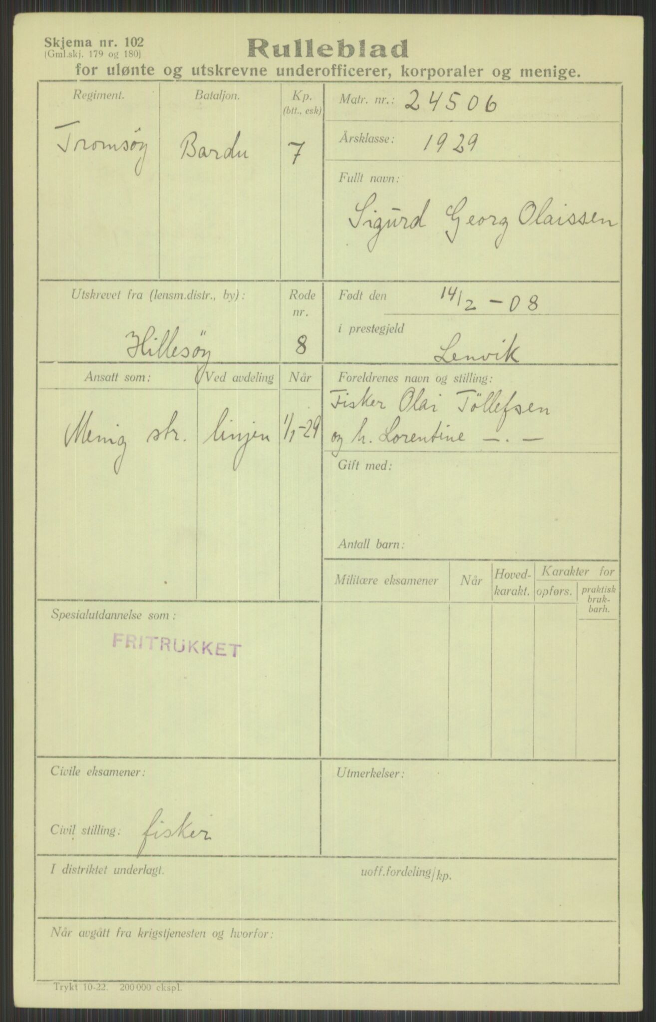 Forsvaret, Troms infanteriregiment nr. 16, AV/RA-RAFA-3146/P/Pa/L0013/0004: Rulleblad / Rulleblad for regimentets menige mannskaper, årsklasse 1929, 1929, p. 899