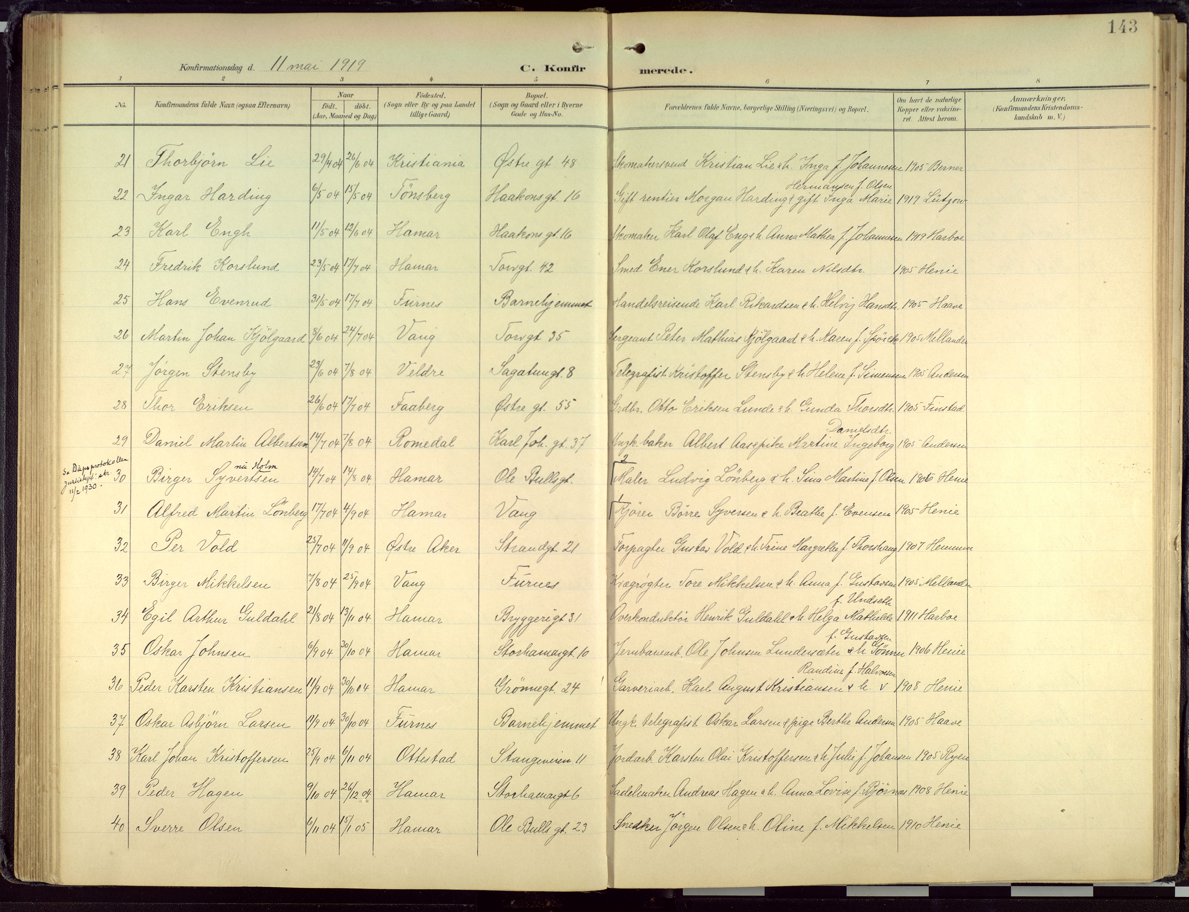 Hamar prestekontor, AV/SAH-DOMPH-002/H/Ha/Haa/L0004: Parish register (official) no. 4, 1899-1973, p. 143