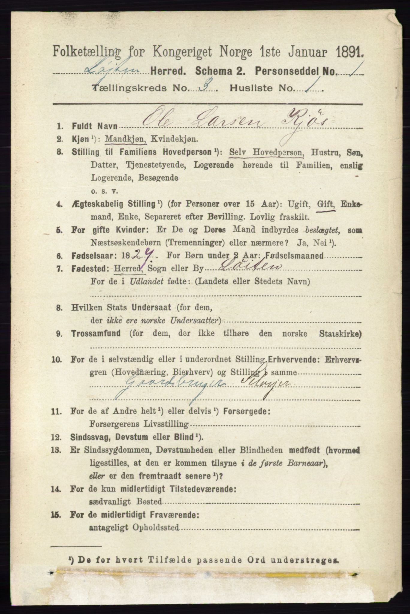 RA, 1891 census for 0415 Løten, 1891, p. 2125