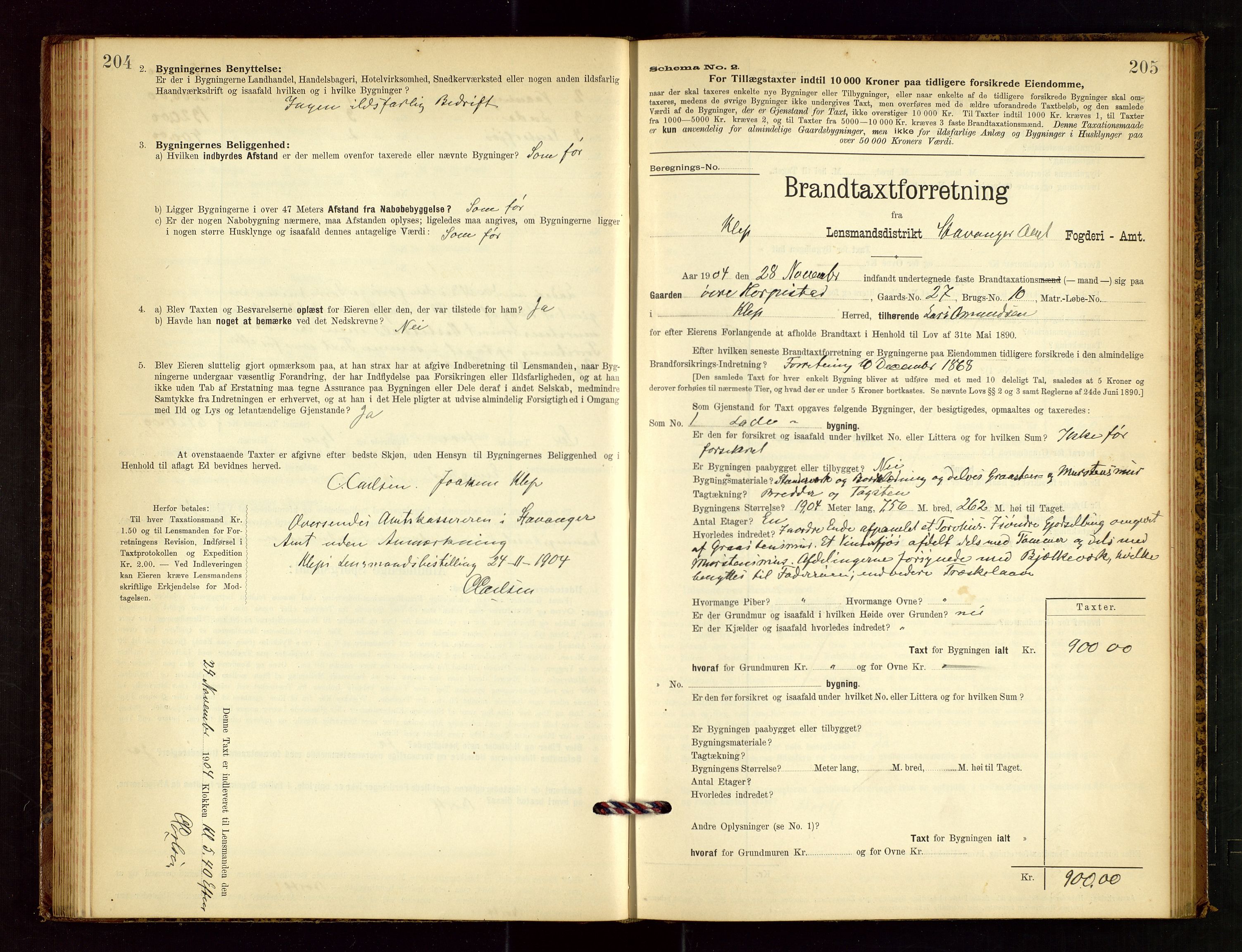 Klepp lensmannskontor, SAST/A-100163/Goc/L0003: "Brandtaxationsprotokol" m/register, 1902-1907, p. 204-205