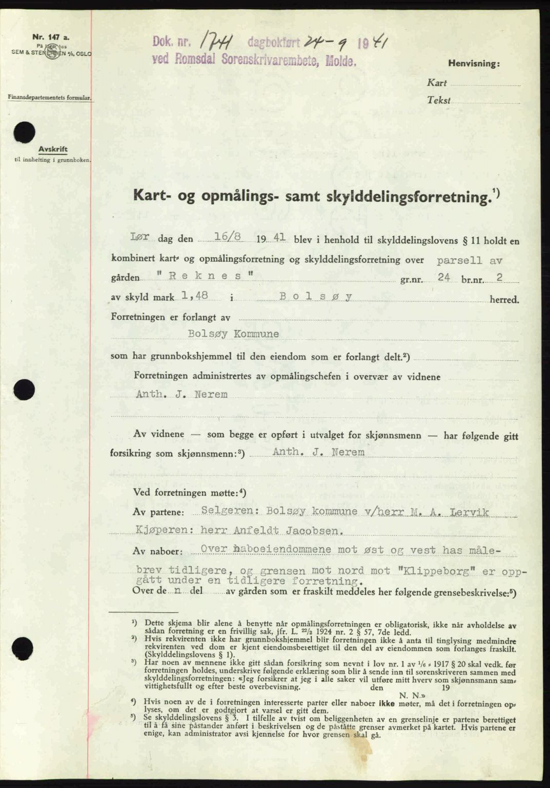 Romsdal sorenskriveri, AV/SAT-A-4149/1/2/2C: Mortgage book no. A10, 1941-1941, Diary no: : 1741/1941