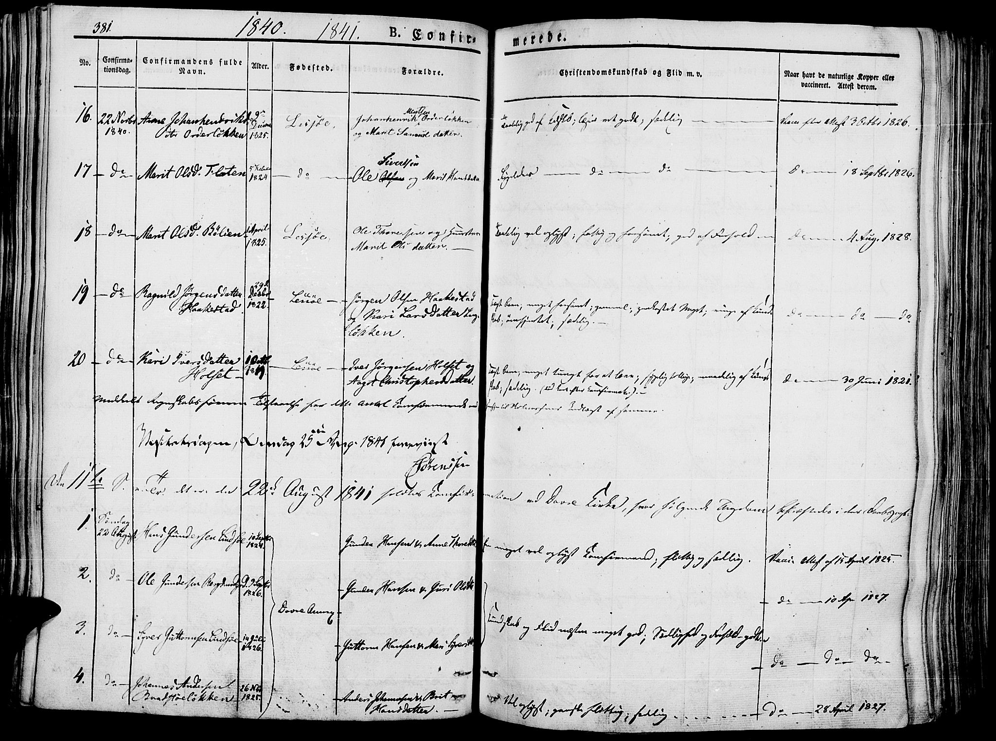Lesja prestekontor, SAH/PREST-068/H/Ha/Haa/L0005: Parish register (official) no. 5, 1830-1842, p. 381