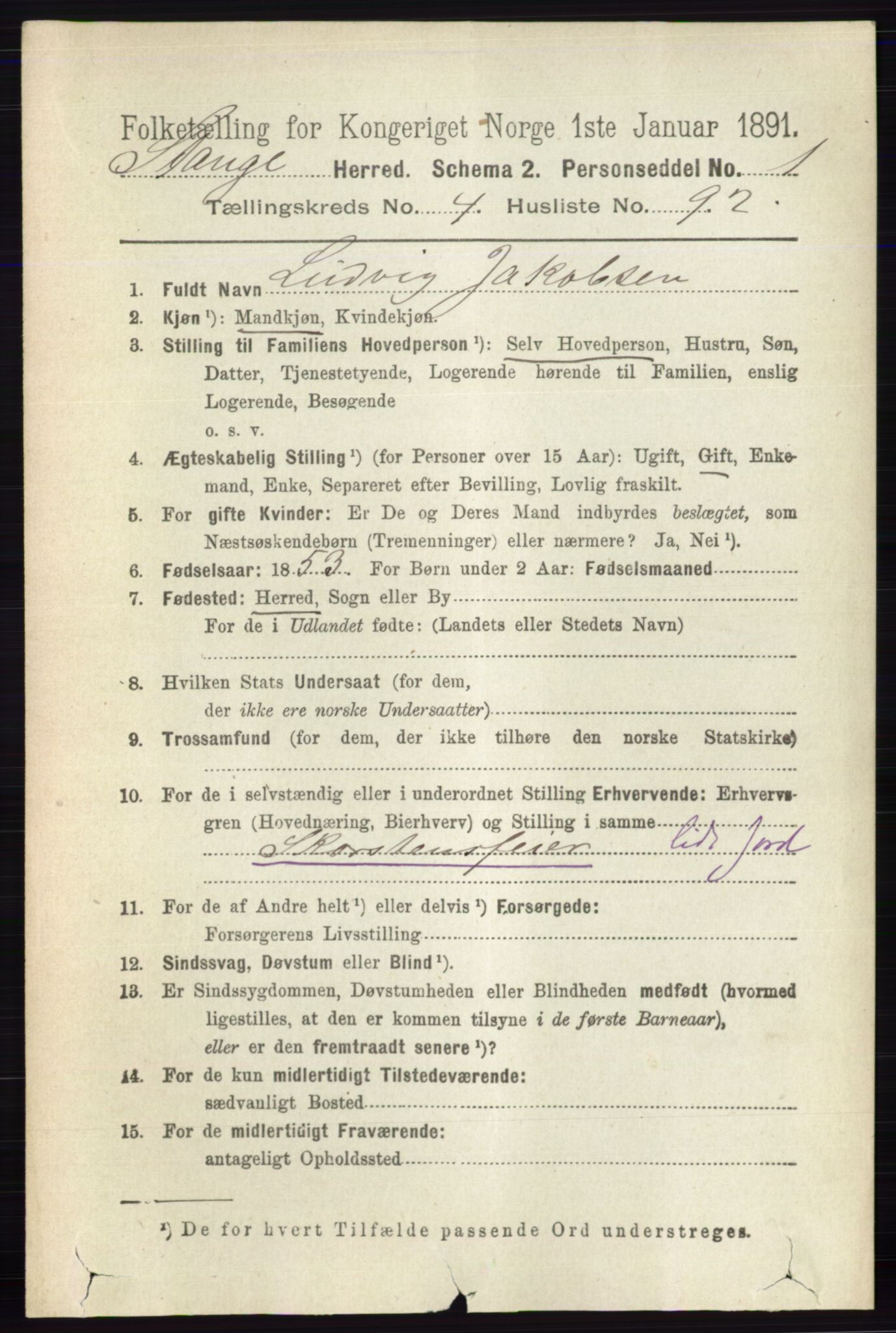 RA, 1891 census for 0417 Stange, 1891, p. 2984