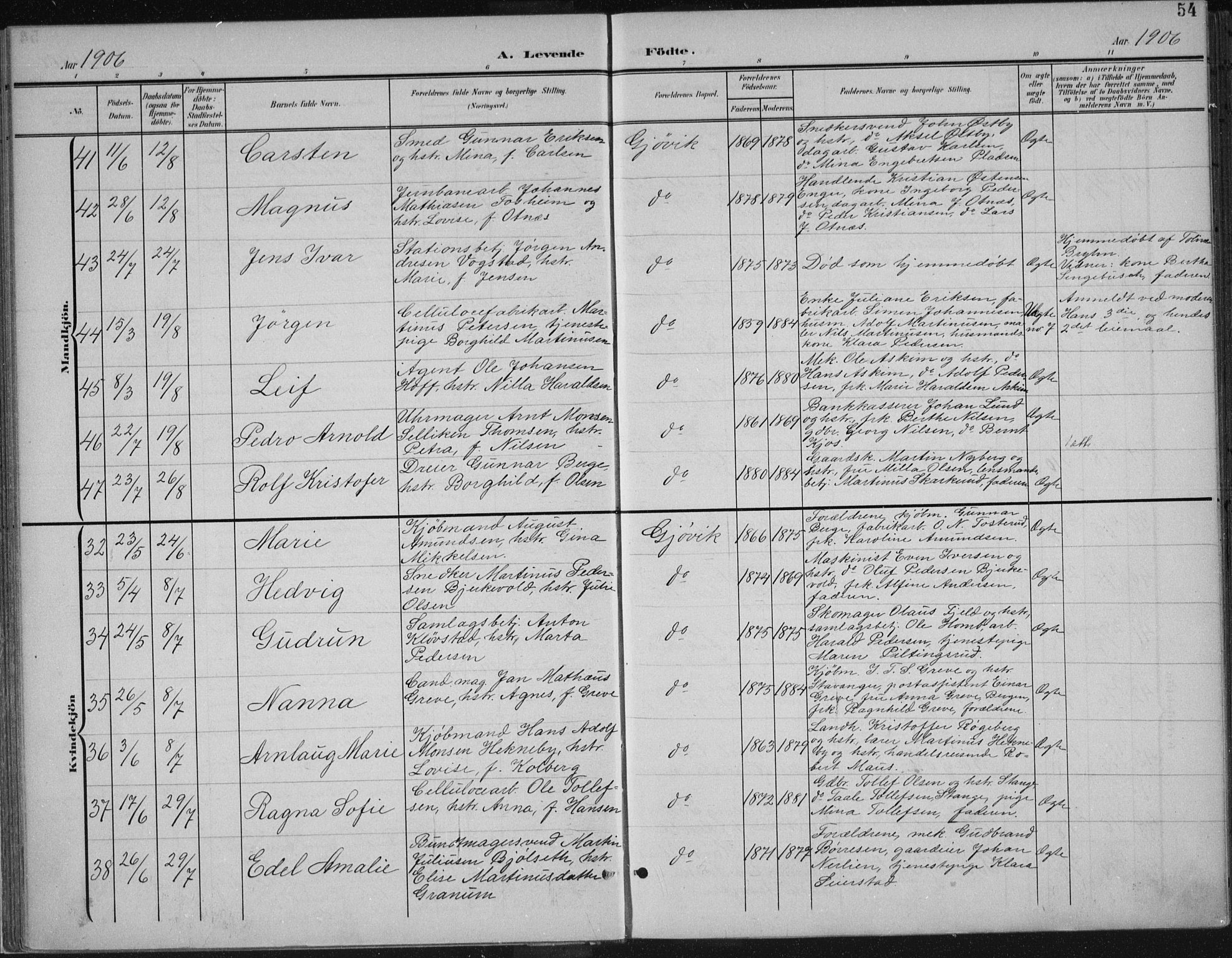 Vardal prestekontor, AV/SAH-PREST-100/H/Ha/Haa/L0013: Parish register (official) no. 13, 1901-1911, p. 54