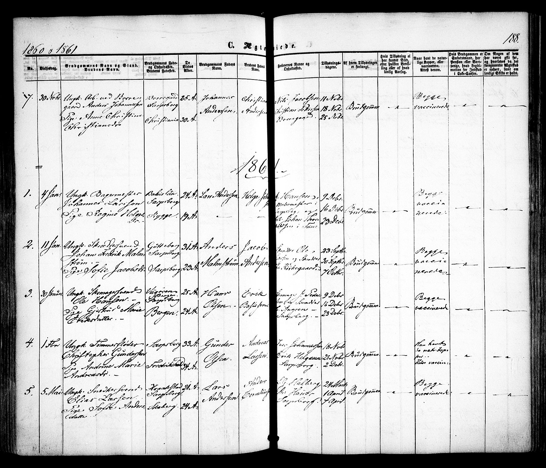 Sarpsborg prestekontor Kirkebøker, SAO/A-2006/F/Fa/L0001: Parish register (official) no. 1, 1859-1868, p. 188