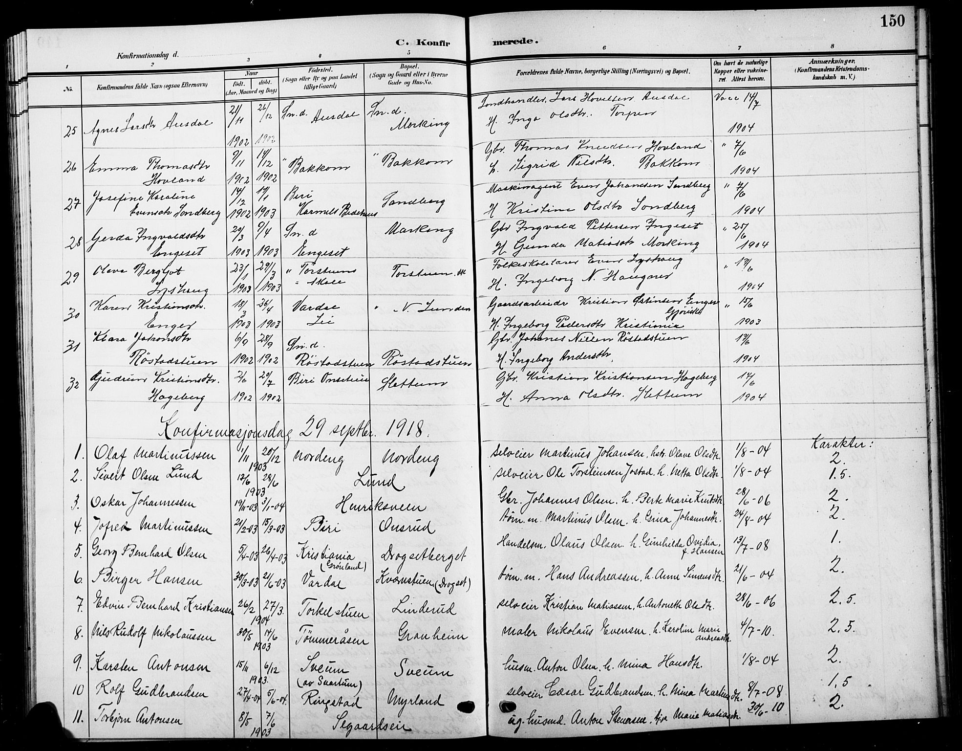 Biri prestekontor, SAH/PREST-096/H/Ha/Hab/L0005: Parish register (copy) no. 5, 1906-1919, p. 150