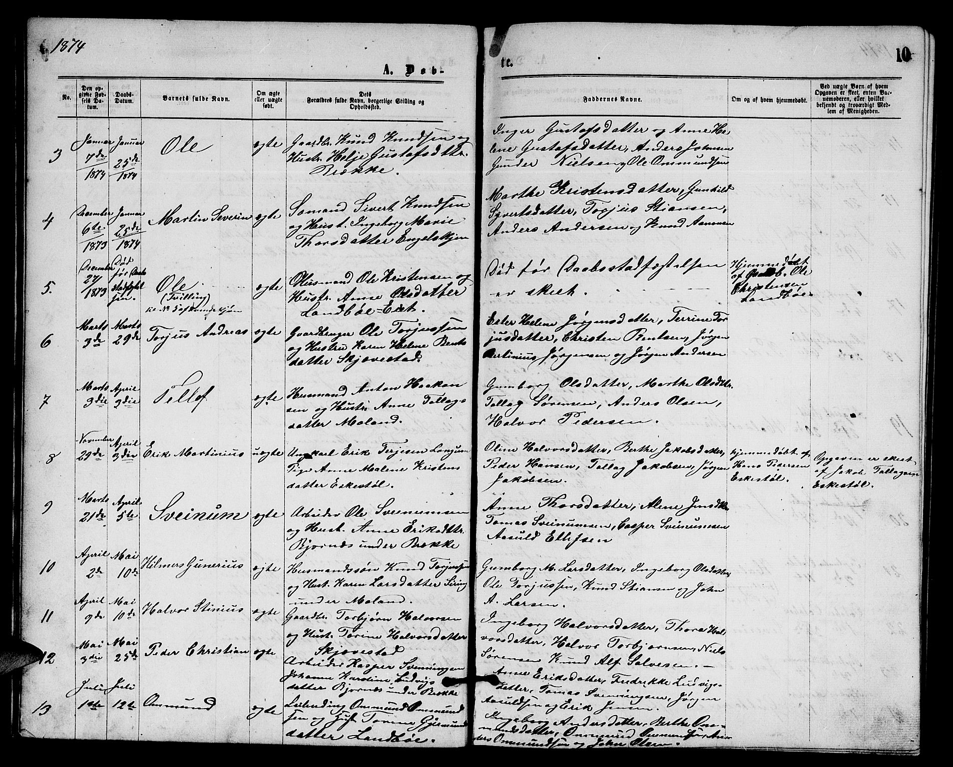 Austre Moland sokneprestkontor, SAK/1111-0001/F/Fb/Fba/L0002: Parish register (copy) no. B 2, 1869-1879, p. 10