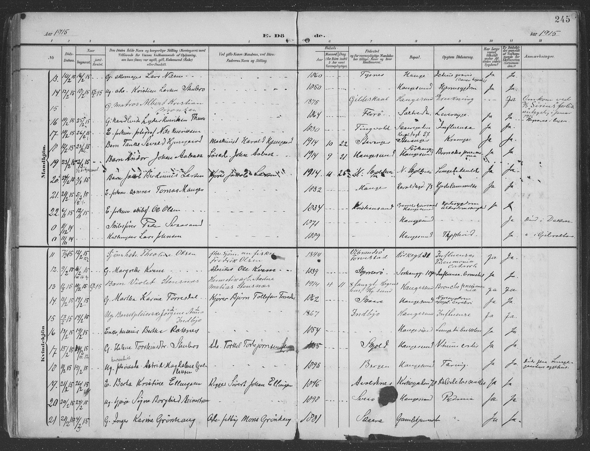 Haugesund sokneprestkontor, AV/SAST-A -101863/H/Ha/Haa/L0007: Parish register (official) no. A 7, 1904-1916, p. 245