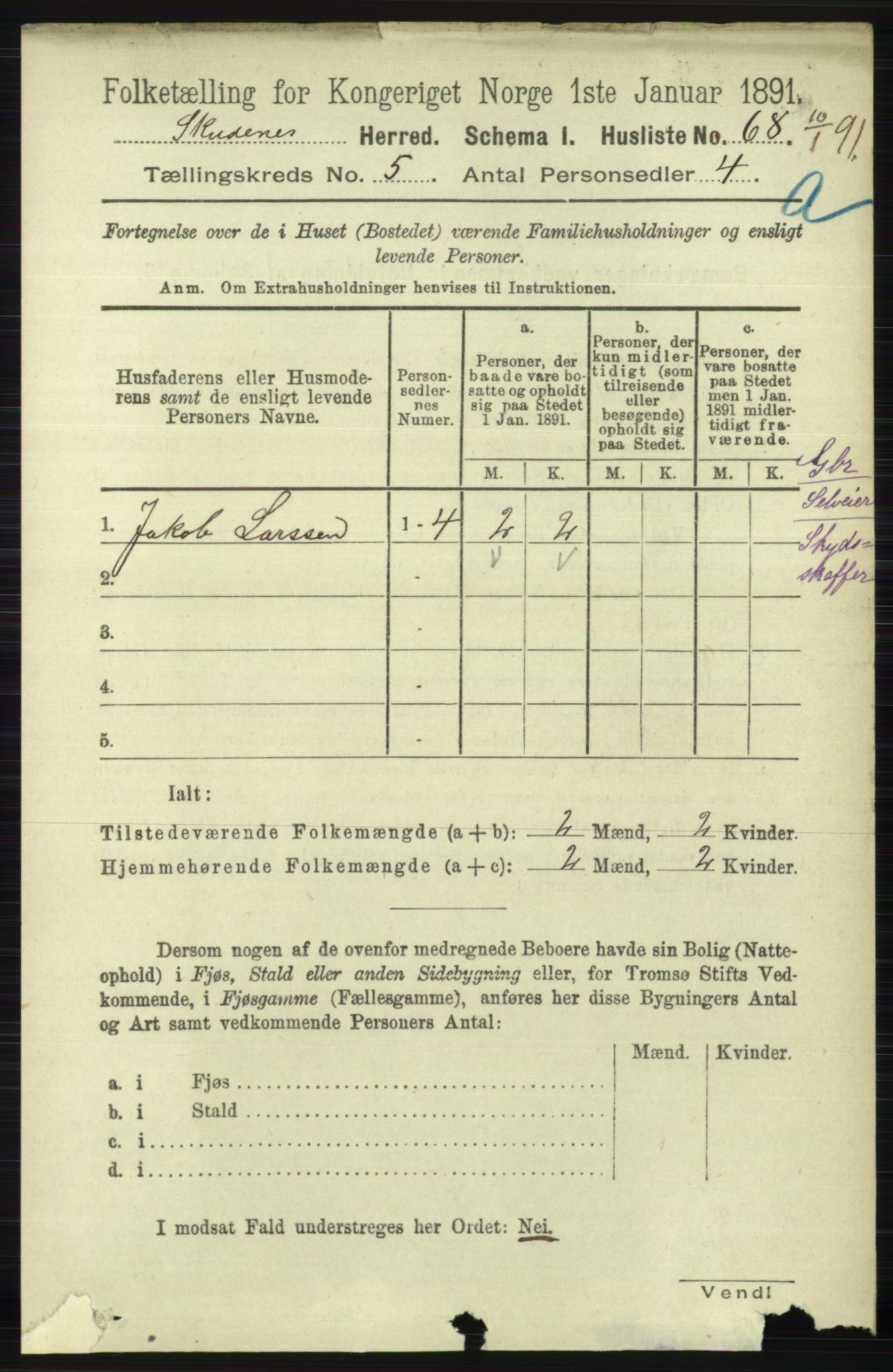 RA, 1891 census for 1150 Skudenes, 1891, p. 2522