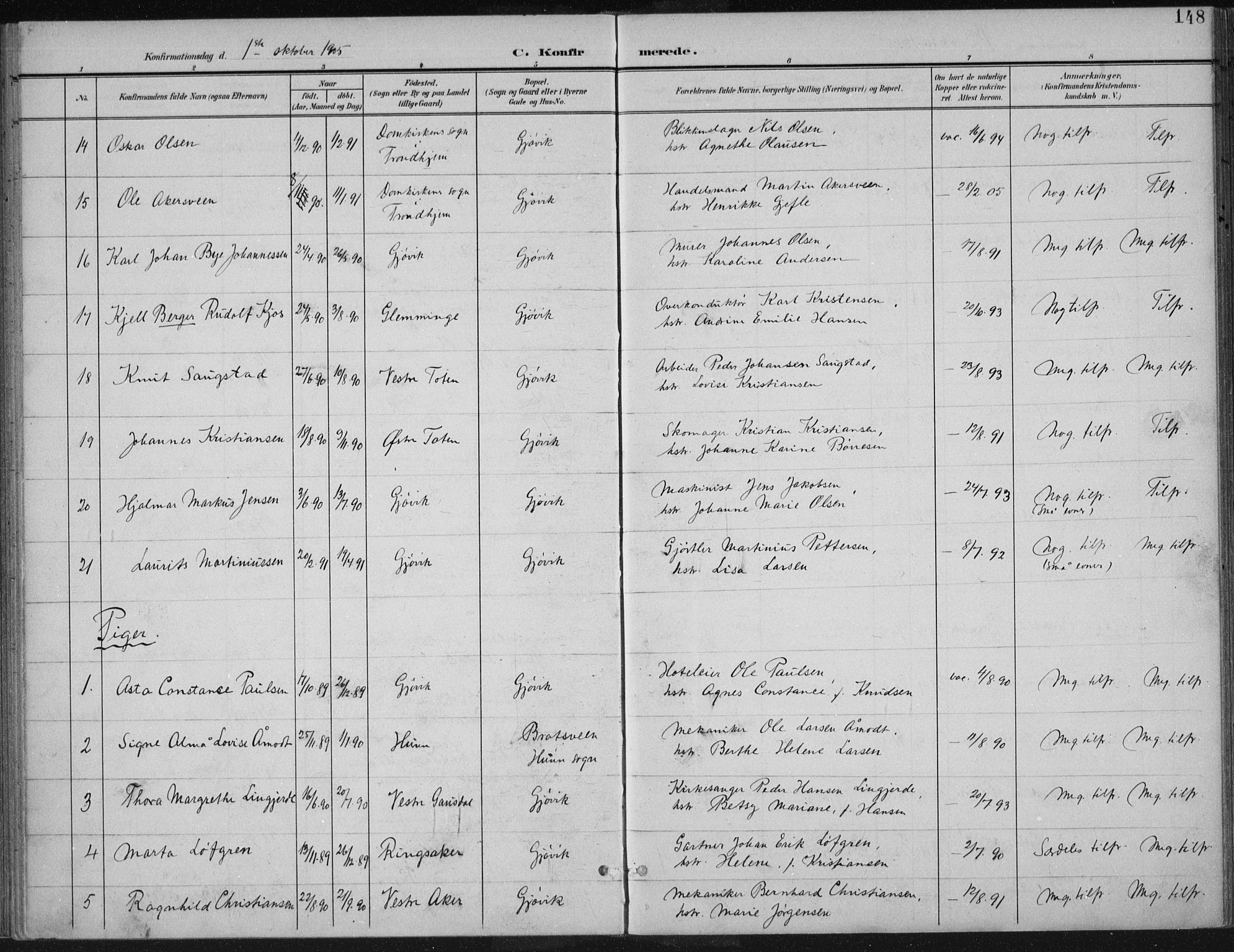 Vardal prestekontor, SAH/PREST-100/H/Ha/Haa/L0013: Parish register (official) no. 13, 1901-1911, p. 148