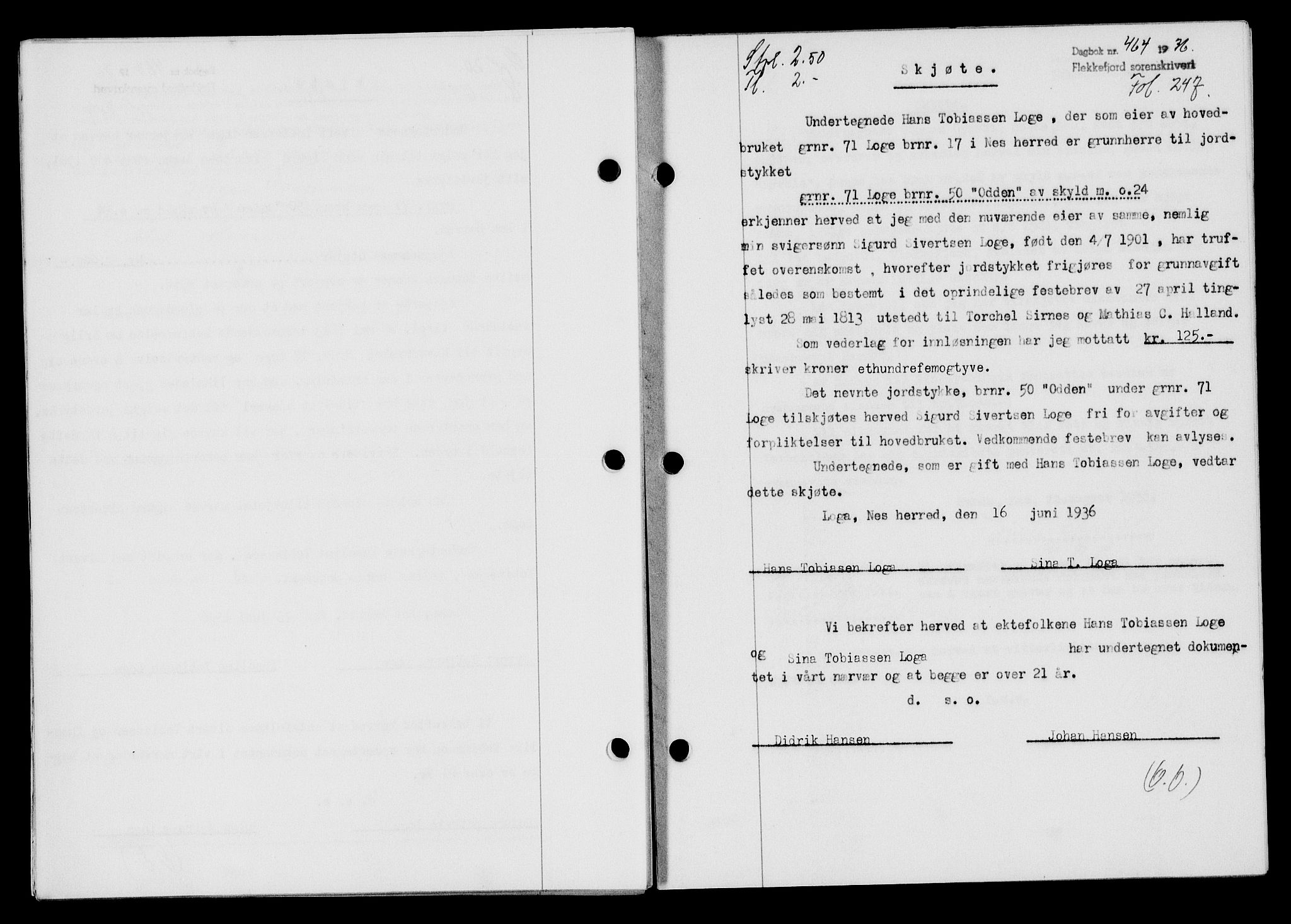 Flekkefjord sorenskriveri, SAK/1221-0001/G/Gb/Gba/L0053: Mortgage book no. A-1, 1936-1937, Diary no: : 464/1936