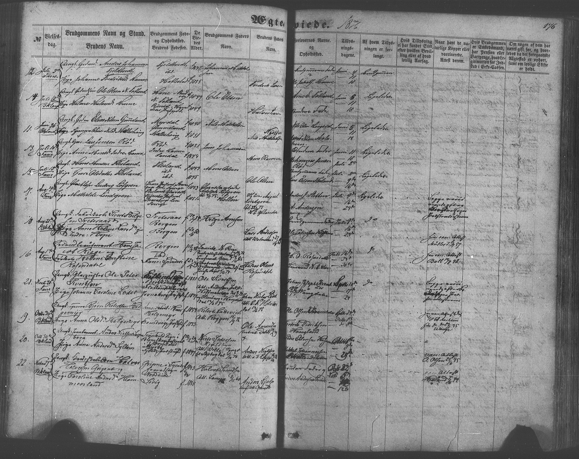 Fana Sokneprestembete, SAB/A-75101/H/Haa/Haaa/L0012: Parish register (official) no. A 12, 1862-1878, p. 176