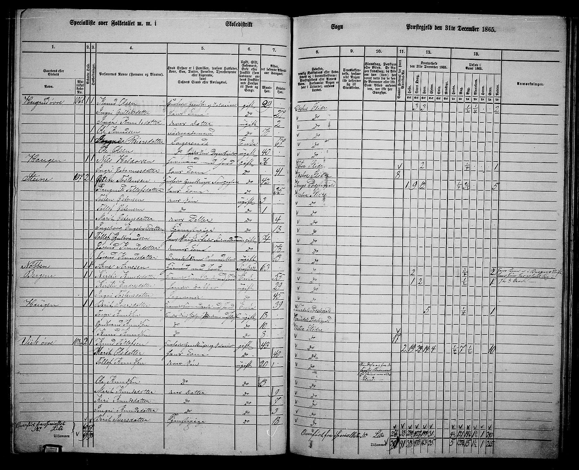 RA, 1865 census for Vestre Slidre, 1865, p. 71