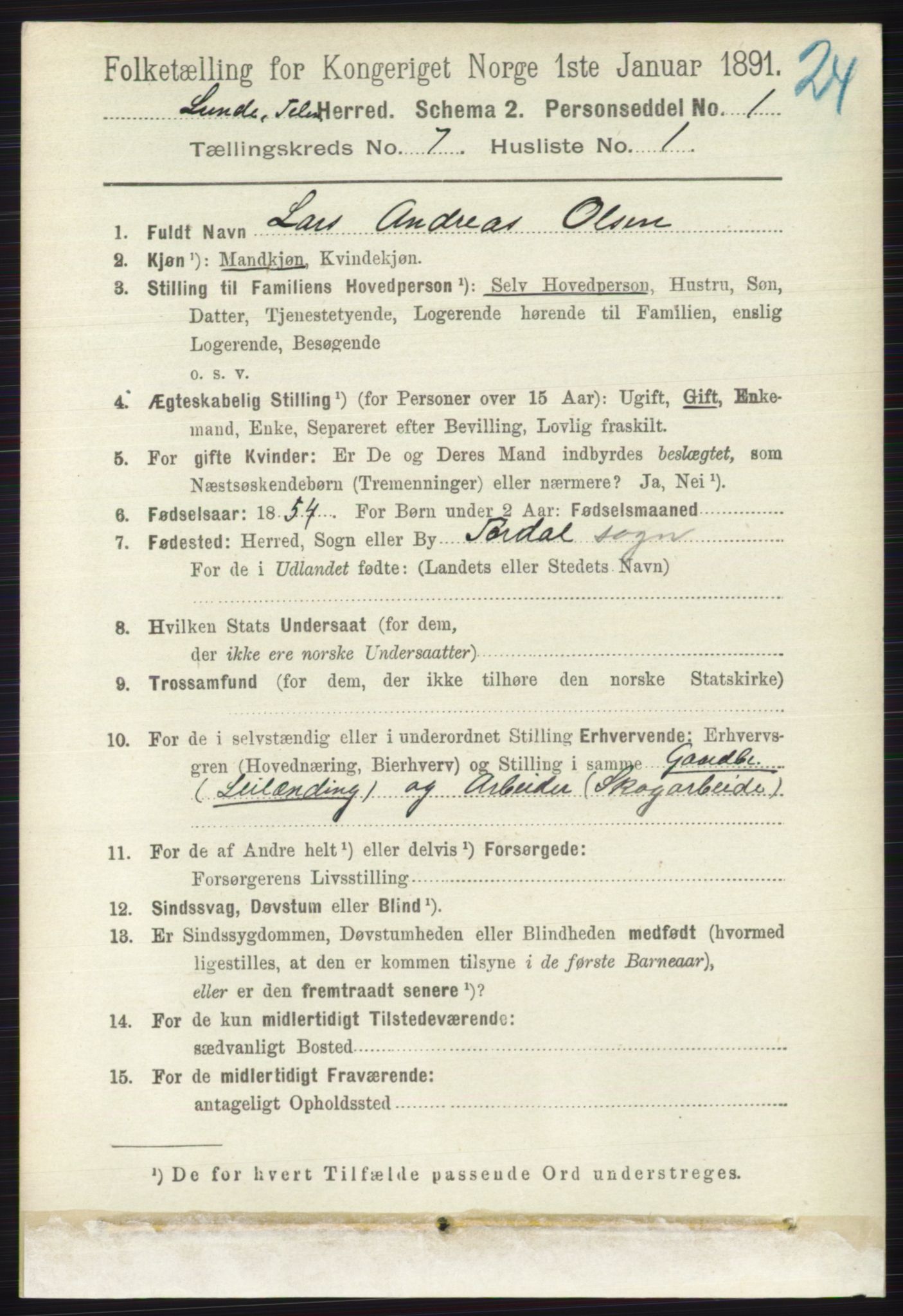 RA, 1891 census for 0820 Lunde, 1891, p. 2199