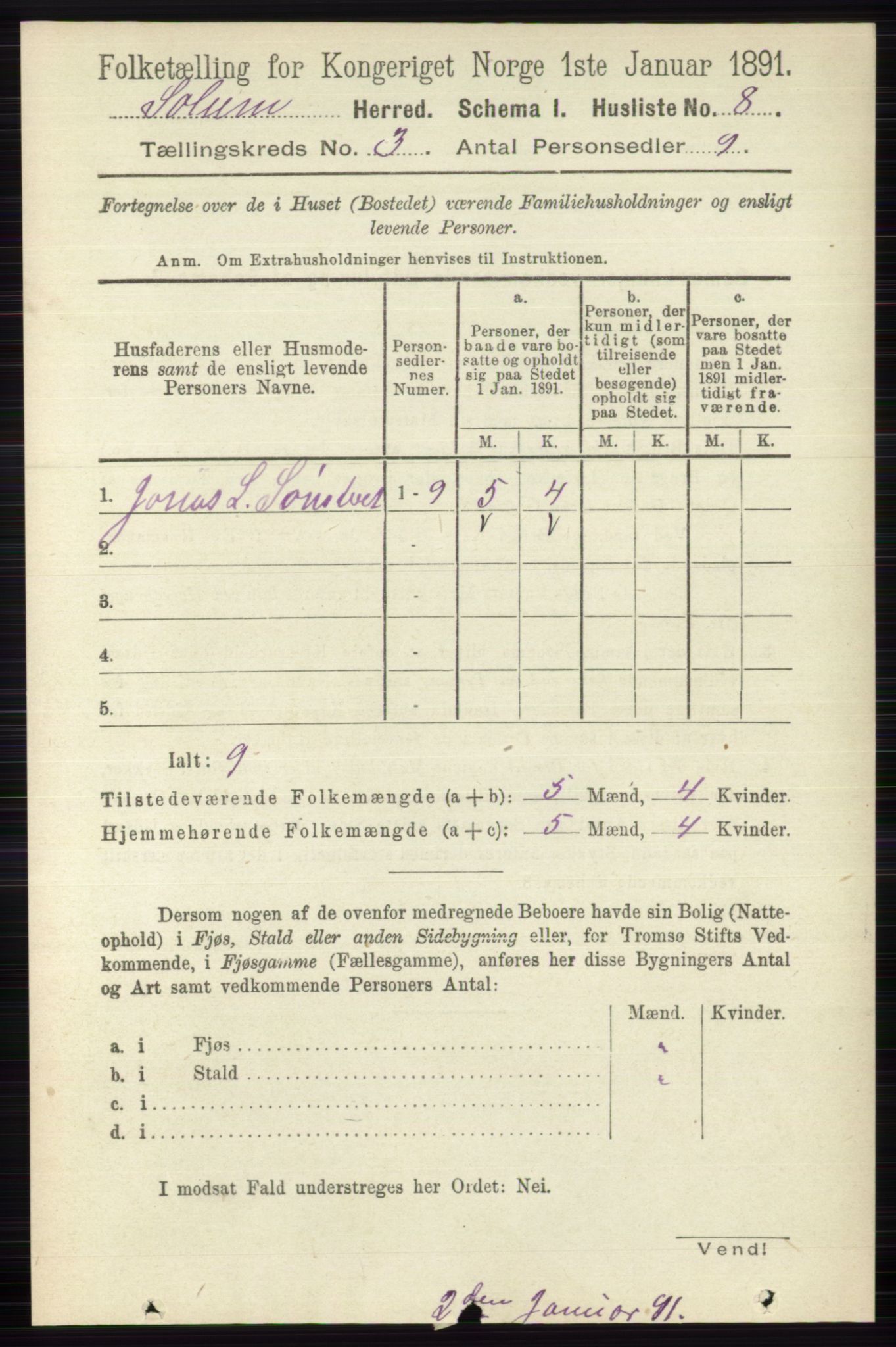 RA, 1891 census for 0818 Solum, 1891, p. 309